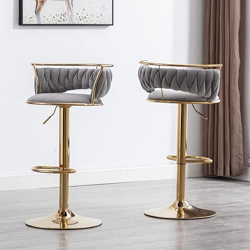 Miniatura 46 de LukeAlon Moderno juego de 2 taburetes de bar ajustables de terciopelo, taburetes giratorios de 360° con base dorada, sillas de bar altas tapizadas