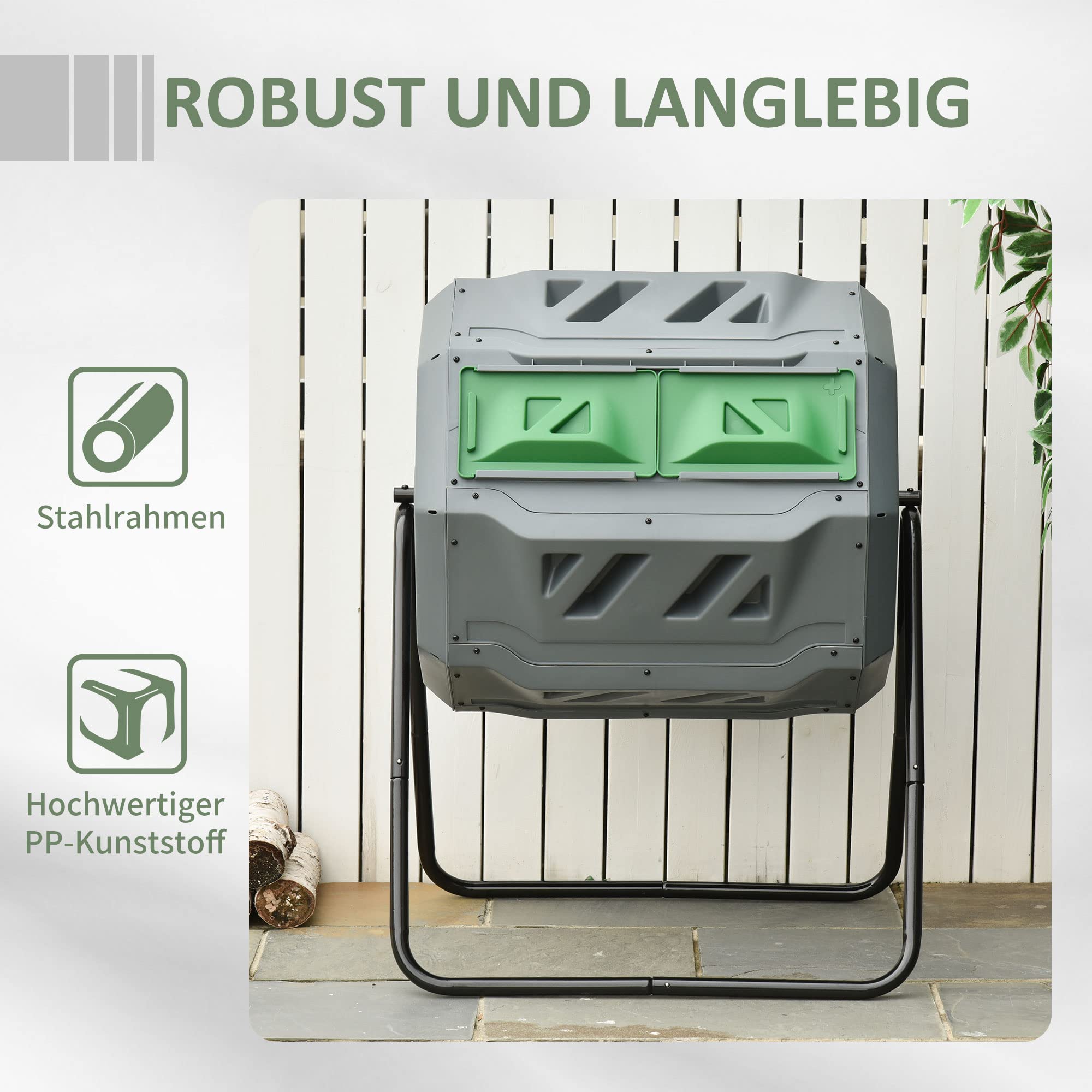 Outsunny Komposter 160L, 71 x 64 x 96cm Drehbarer Schnellkomposter aus Kunststoff, Thermokomposter mit 2 Kammer, für Bio- und Garten-Abfälle, Grau