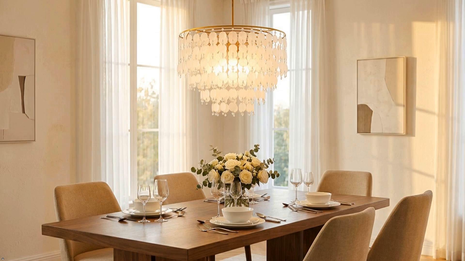 TOCHIC Natural Capiz Shell Chandelier, 6-Light Gold Modern Coastal