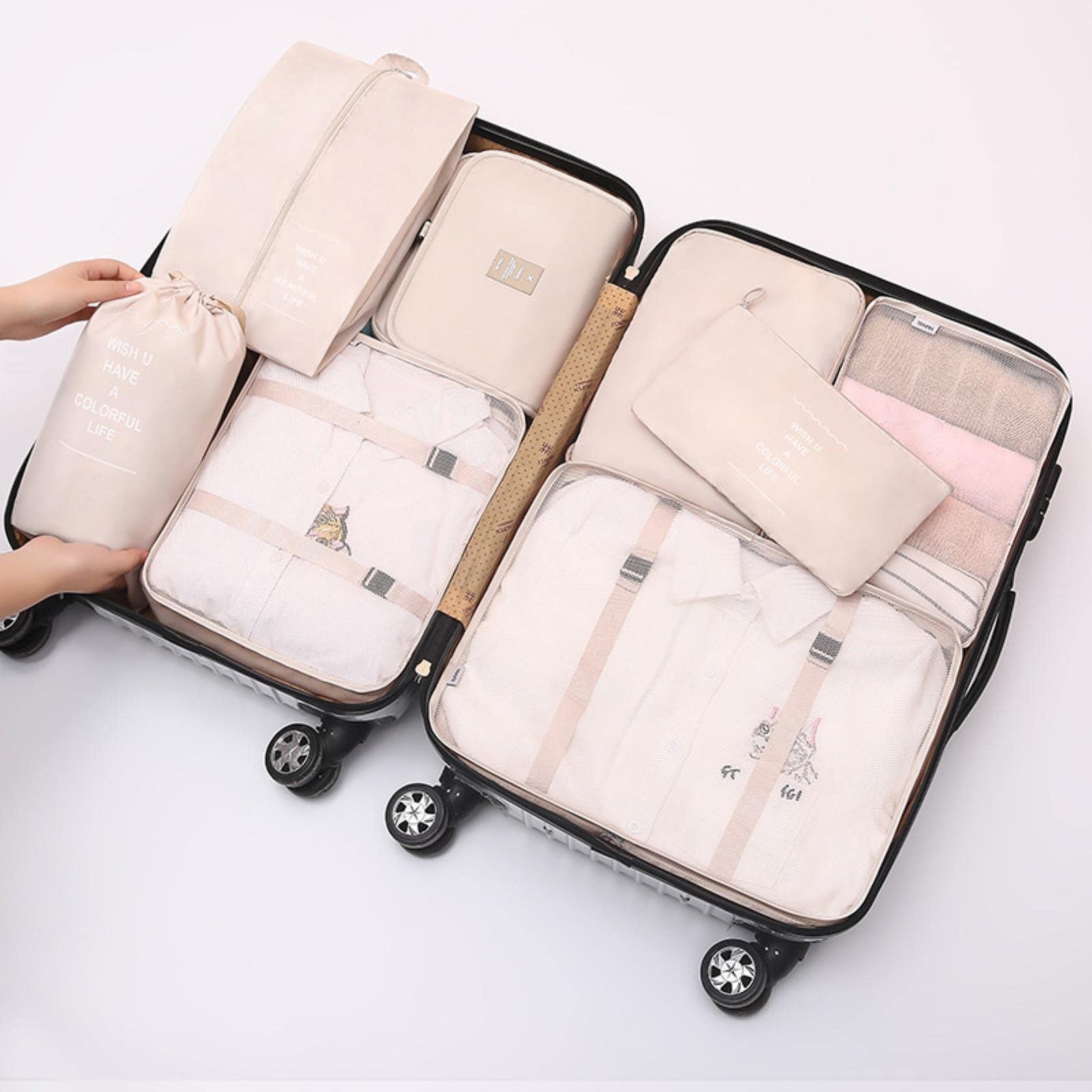 Organizer da Viaggio da 8 Pezzi Aumenta l'ispessimento della Borsa dell'organizzatore da Viaggio per i Bagagli, la Biancheria Intima, Le Scarpe, Il Pacchetto Tascabile-6 Pezzi Neri