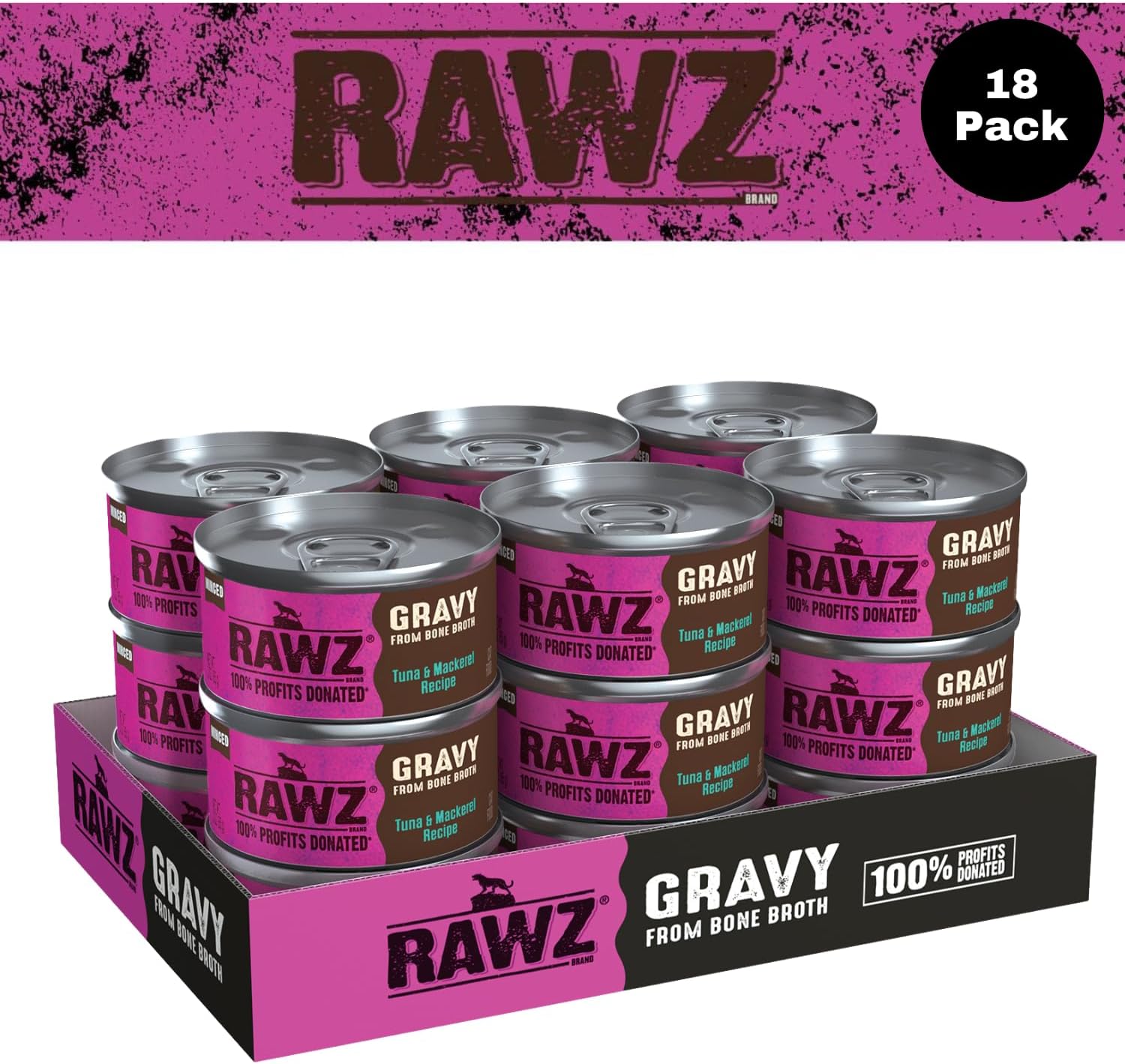 Rawz Natural Premium Minced Canned Cat Food in Gravy from Bone Broth - Made with Real Meat Ingredients No BPA & Gums - (3 Ounce Cans) (Pack of 18), Tuna & Mackerel