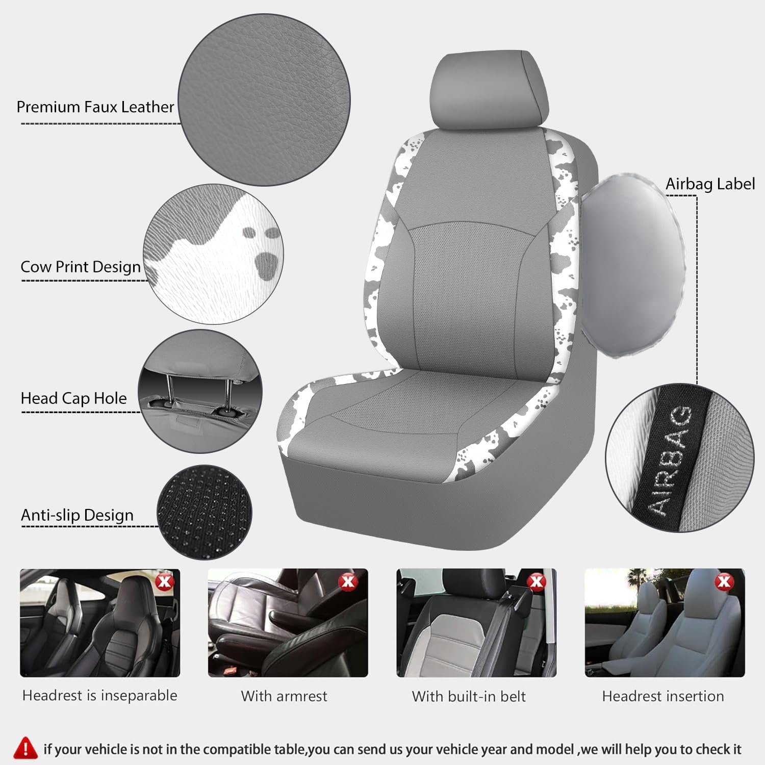 CAR PASS Cow Print Faux Leather Car Seat Covers & Cow Car Mats & Cow Steering Wheel Cover Seat Belt Pads Universal fit for SUV,Van,Saden,Truck Cute Car Accessories Automobile Interior Sets All Gray