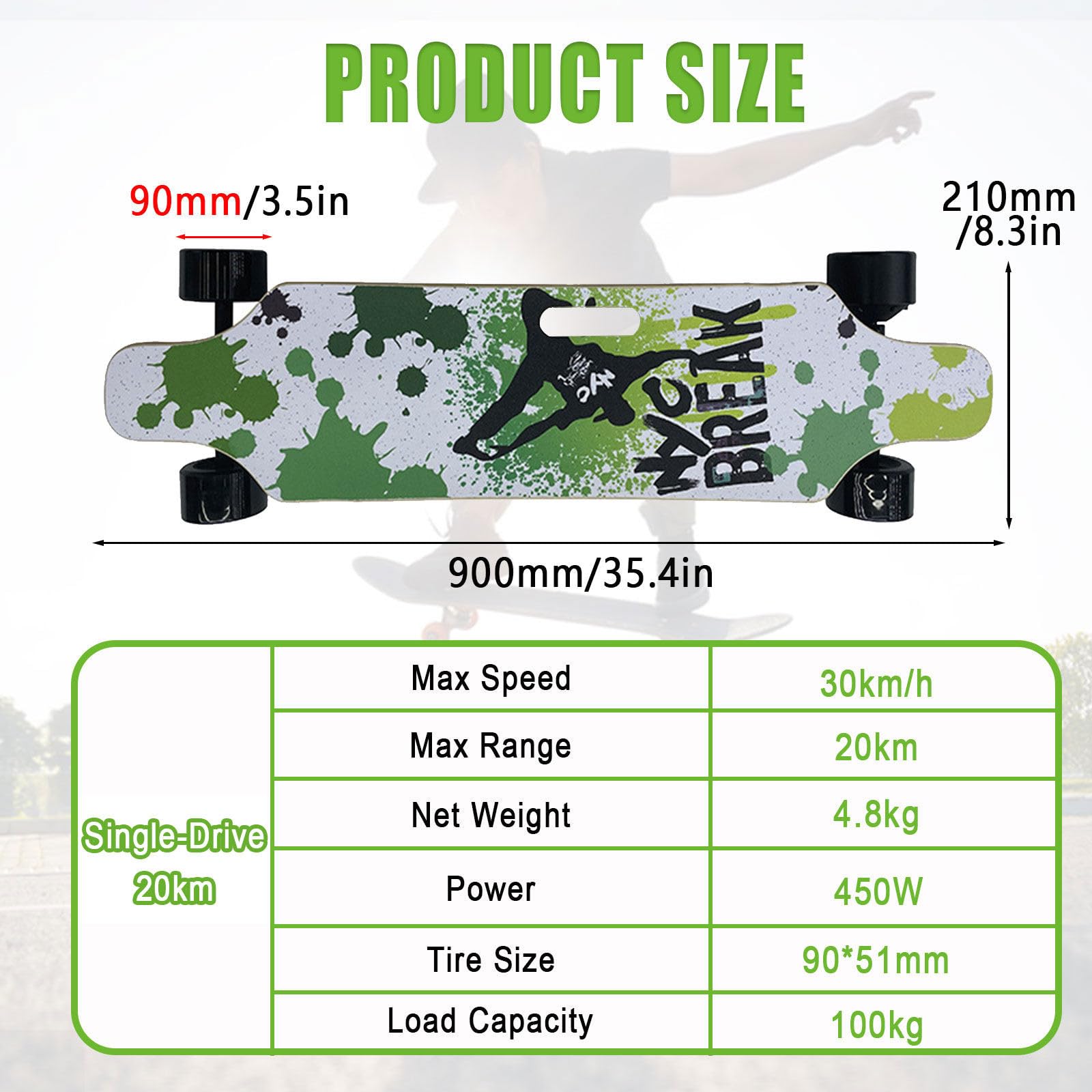 Skateboard électrique avec télécommande, Longboard, Moteur hub Simple/Dual, Vitesse maximale 22-40 km/h, Longboard électrique pour débutants et Adolescents Single-Drive-20km