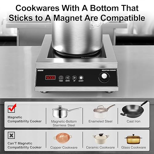 Miniatura 3 de VBGK Cocina de inducción comercial, placa de inducción profesional, placa caliente de 5000 W con control táctil LCD y perilla temporizador de 4