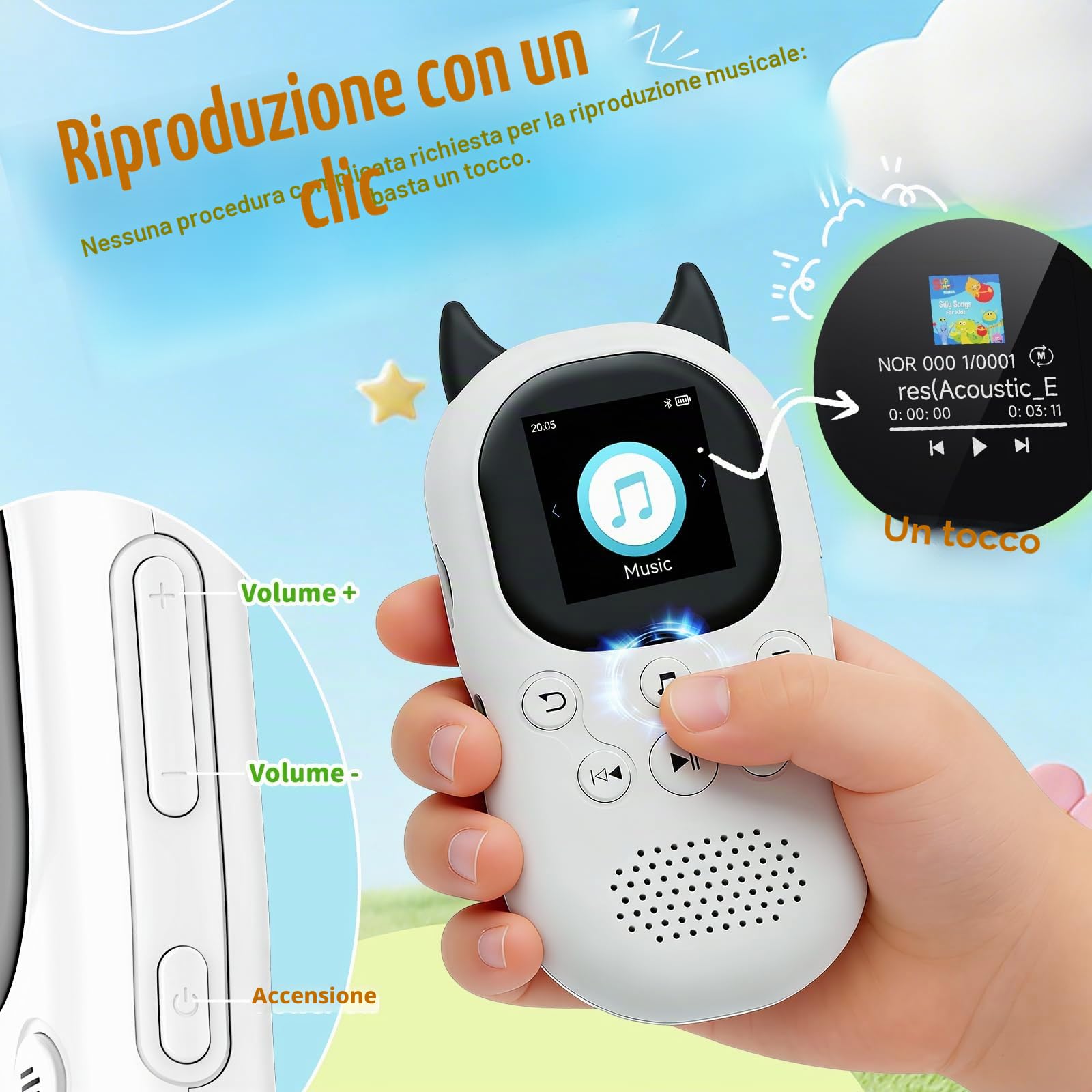 64 GB Lettore MP3 Bluetooth 5.3 per bambini, altoparlanti, lettore musicale con radio FM, sveglia, riproduzione di brani con un clic, batteria da 750 mAh, qualità audio HiFi, cordino gratuito