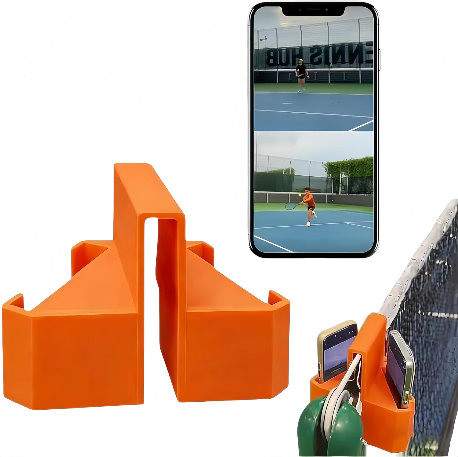 Tennis Camera Mount Racquet View Phone Mount for Tennis Net & Fence, Tennis Phone & Action Camera Holder for Match Recording and Training Analysis, Portable Net Post Clip Car Phone Holder (Orange)