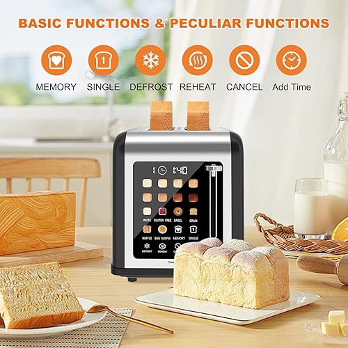 Miniatura 8 de Tostadora de 2 rebanadas con pantalla táctil, tostadoras de acero inoxidable con temporizador digital, tostadoras de 2 ranuras, 8 ajustes de sombra