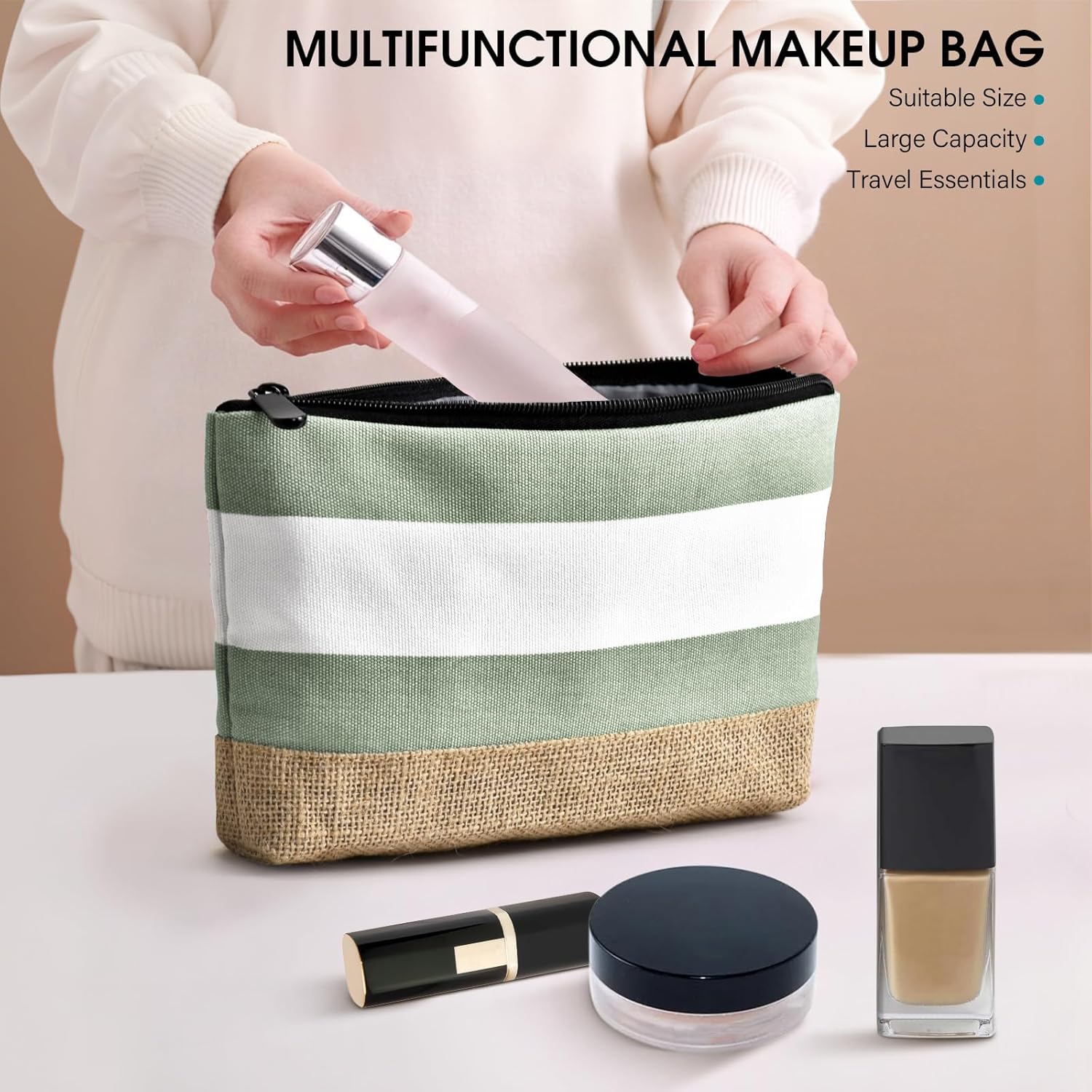 Becokan Beach Bag Initial Beach Tote with Makeup Bag for Travel Work Storage Personalized Birthday Gifts for Women Her - Image 7