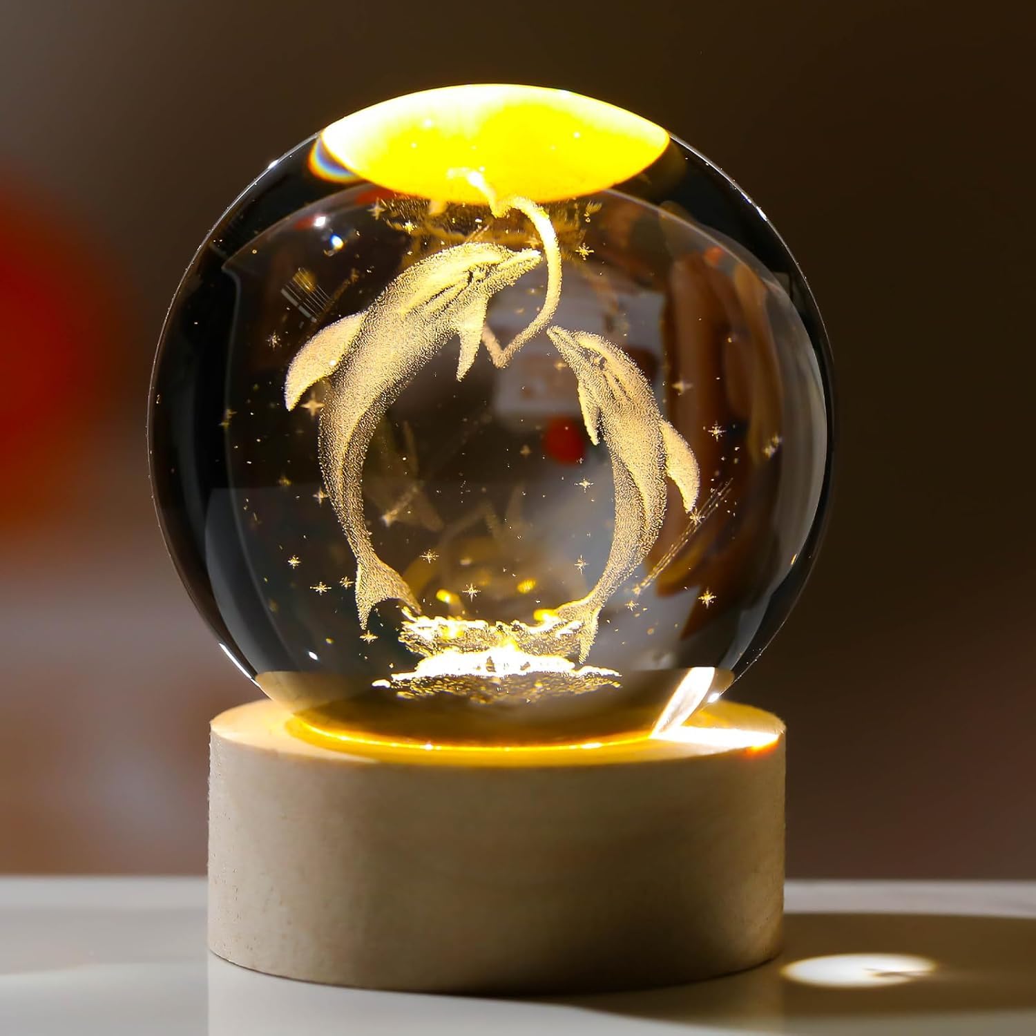 UCRAVO LED Dolphin Crystal Ball Night Light, 3D Laser Engraving Snow Globe Night Lamp,Glass Ball Illuminated with Wooden Base,USB Charging Crystal Ball Night Light for Home Decoration,Beautiful Gifts-image-34