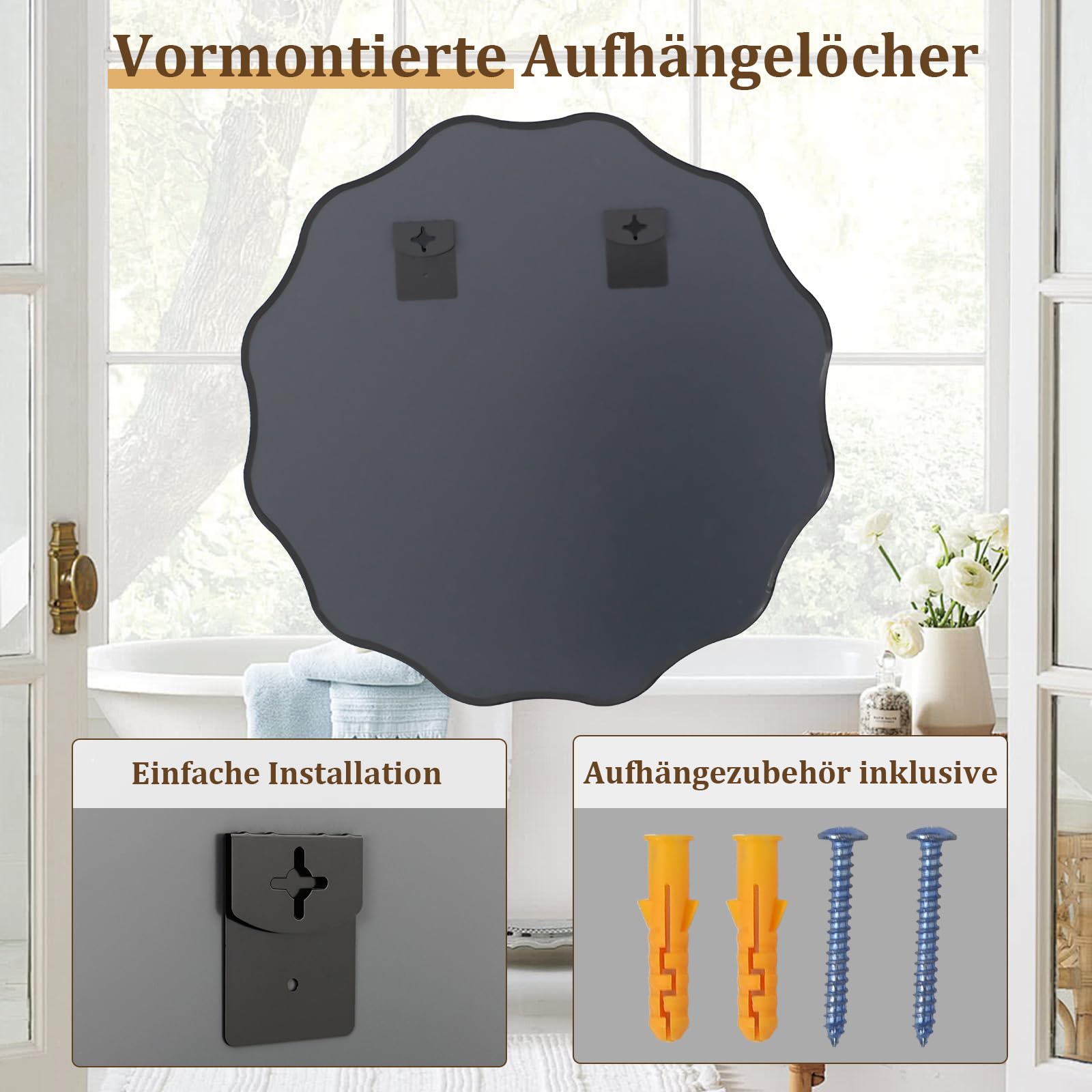 BEAUTYPEAK Runder Spiegel 76 cm, Wandspiegel mit Gewellter Kante, Aluminiumrahmen, Spiegel Rund zum Aufhängen und Anlehnen, Rund Wandspiegel für Schlafzimmer, Badezimmer, Flur Schwarz