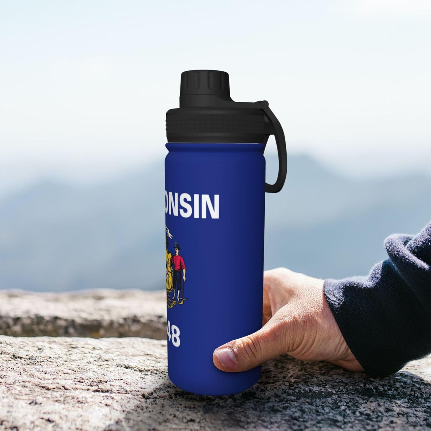Wisconsin State Flag Printed Vacuum Insulated Water Bottle, 18OZ Stainless Steel Kettle, Single-Hand Operation Lid