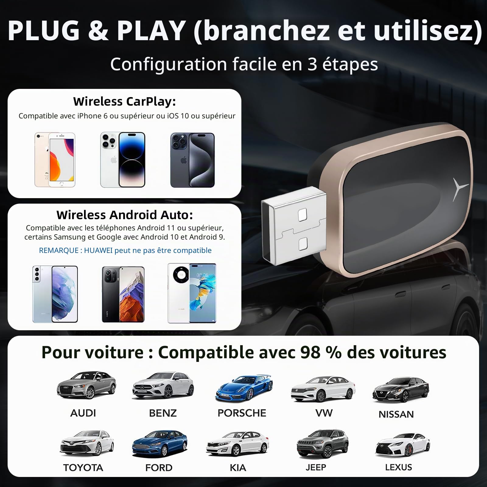 Adaptateur CarPlay sans fil et Android Auto pour voitures avec Wired CarPlay, USB C/A Plug and Play CarPlay Adaptateur 2 en 1 Convertisseur filaire vers sans fil,Mini et Stable, iOS 10+/Android 10+