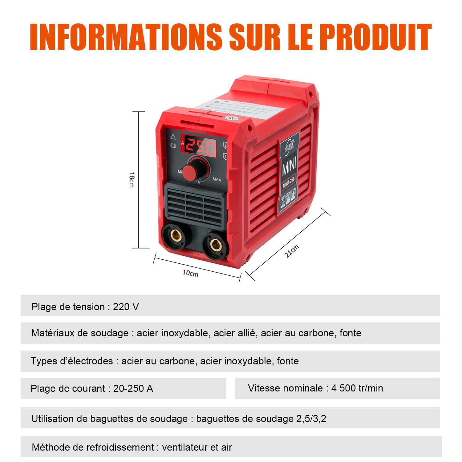 VOBOR Mini Poste a Souder Électrodes, Inverter Poste à Souder Fil Fourré avec Technologie IGBT, Affichage LED, Anti-Stick, Portable Station de Soudage, MMA 250