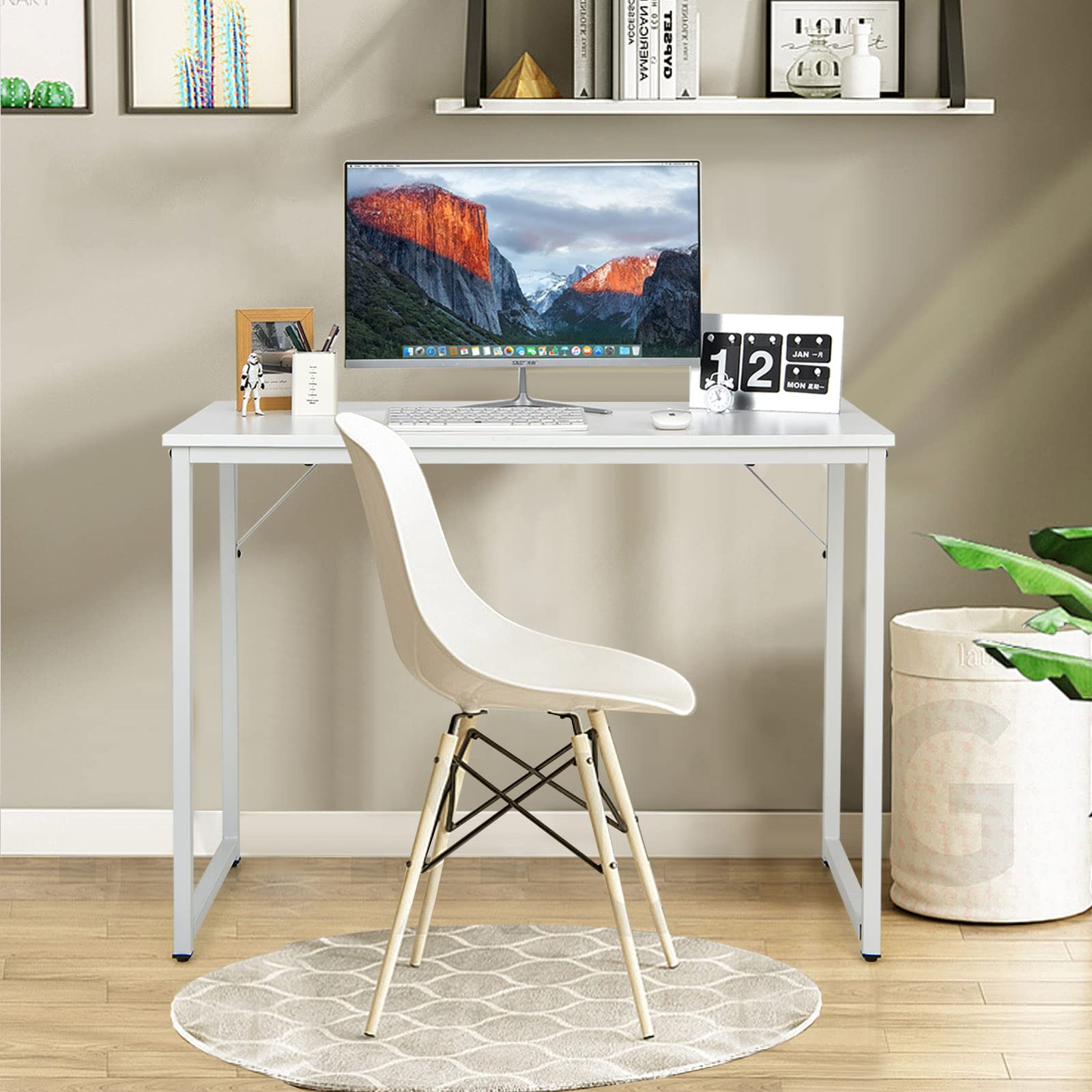 GIANTEX Scrivania, piccola scrivania per computer portatile, scrivania da ufficio, tavolo da lavoro, 100 x 50 x 75 cm, legno e metallo, per studio, ufficio, casa, ufficio (bianco)