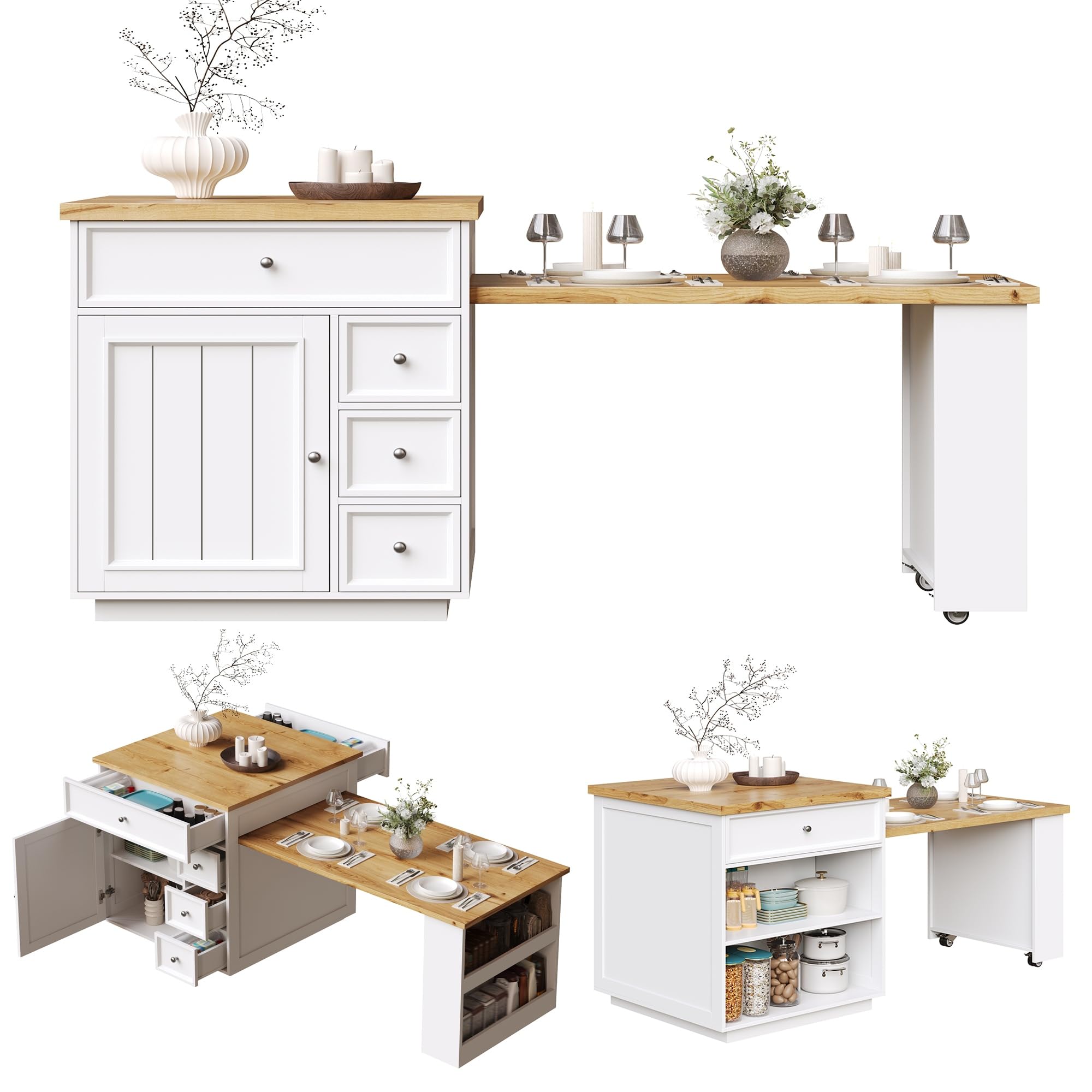 Ausziehbare Kücheninsel (120-184 cm) mit Schubladen und Rollen, fahrbare mit Holzoptik-Tischplatte, Vielseitige Thekeninsel für Küche, Esszimmer & Bartresen, Weiß