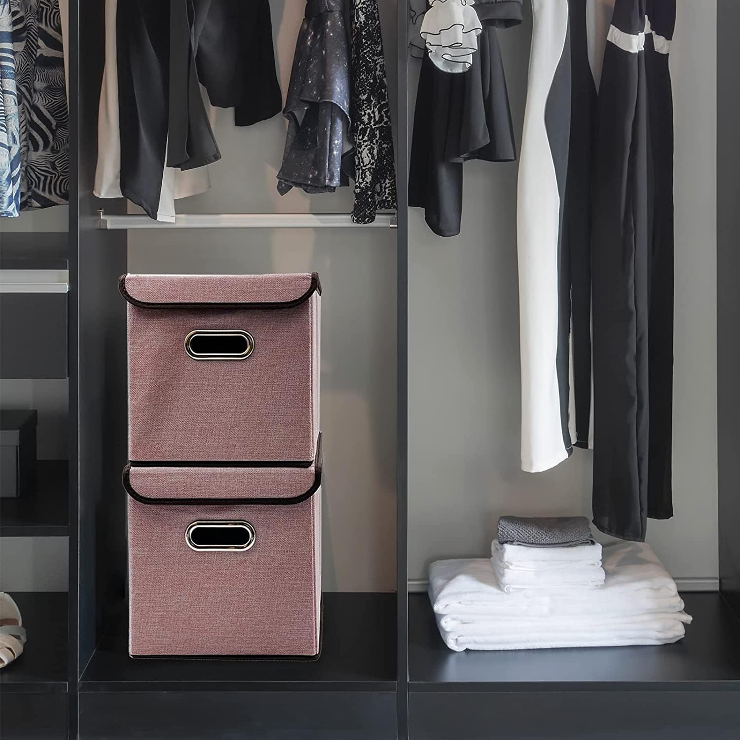 Faltbare Stoff-Aufbewahrungskörbe mit Deckel, 2 Stück, 25 x 25 cm, Leinen, waschbar, dekorative Nizers für Zuhause, Kinderzimmer und Schrank (Khaki)