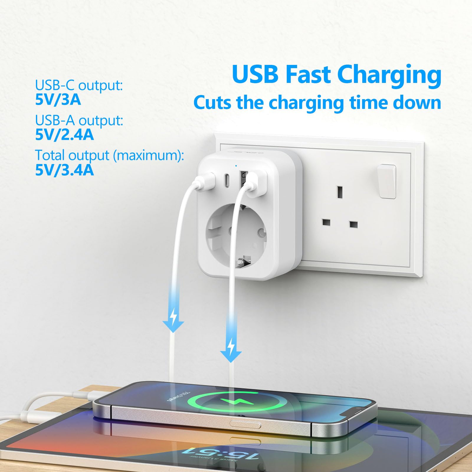 JSVER Adaptateur Prise Anglaise,Adaptateur Voyage France/Europe vers UK,Connecteur Prise avec 2 USB A et 2 Type C,Type G pour l'Angleterre,l'Irlande,Dubaï,Les Maldives et Hong Kong (Blanc)