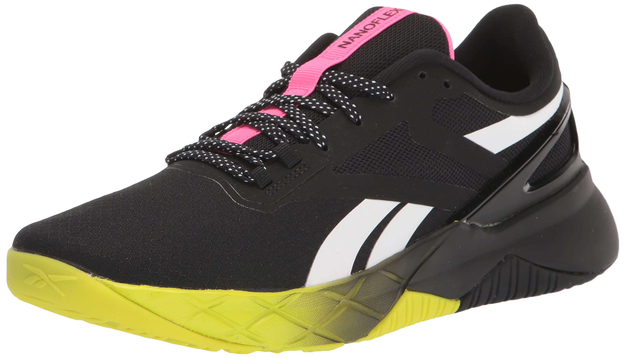 Reebok Men's Nanoflex Cross Trainer, Black/Atomic Pink/Acid Yellow, 11