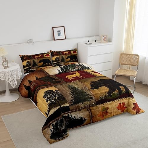 Miniatura 9 de Juego de edredón de oso negro, decoración de cabaña rústica, ropa de cama de oso tribal con animales salvajes, edredón de geometría occidental,