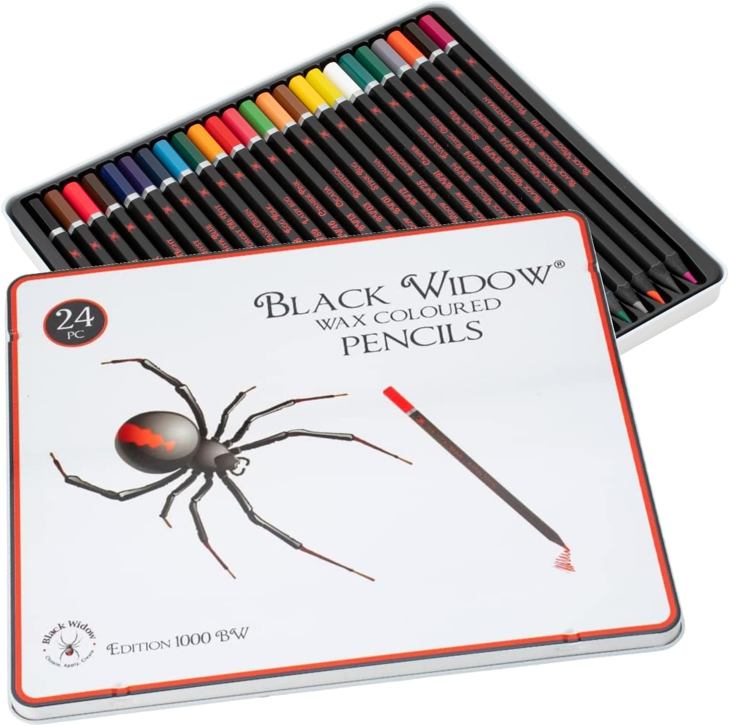 Black Widow Colouring Pencils, 24 pc Coloured Pencil Set. Best For Sketching And Artist Colours, Wax Colouring Pencils for Adults (Spider Pencil Set)