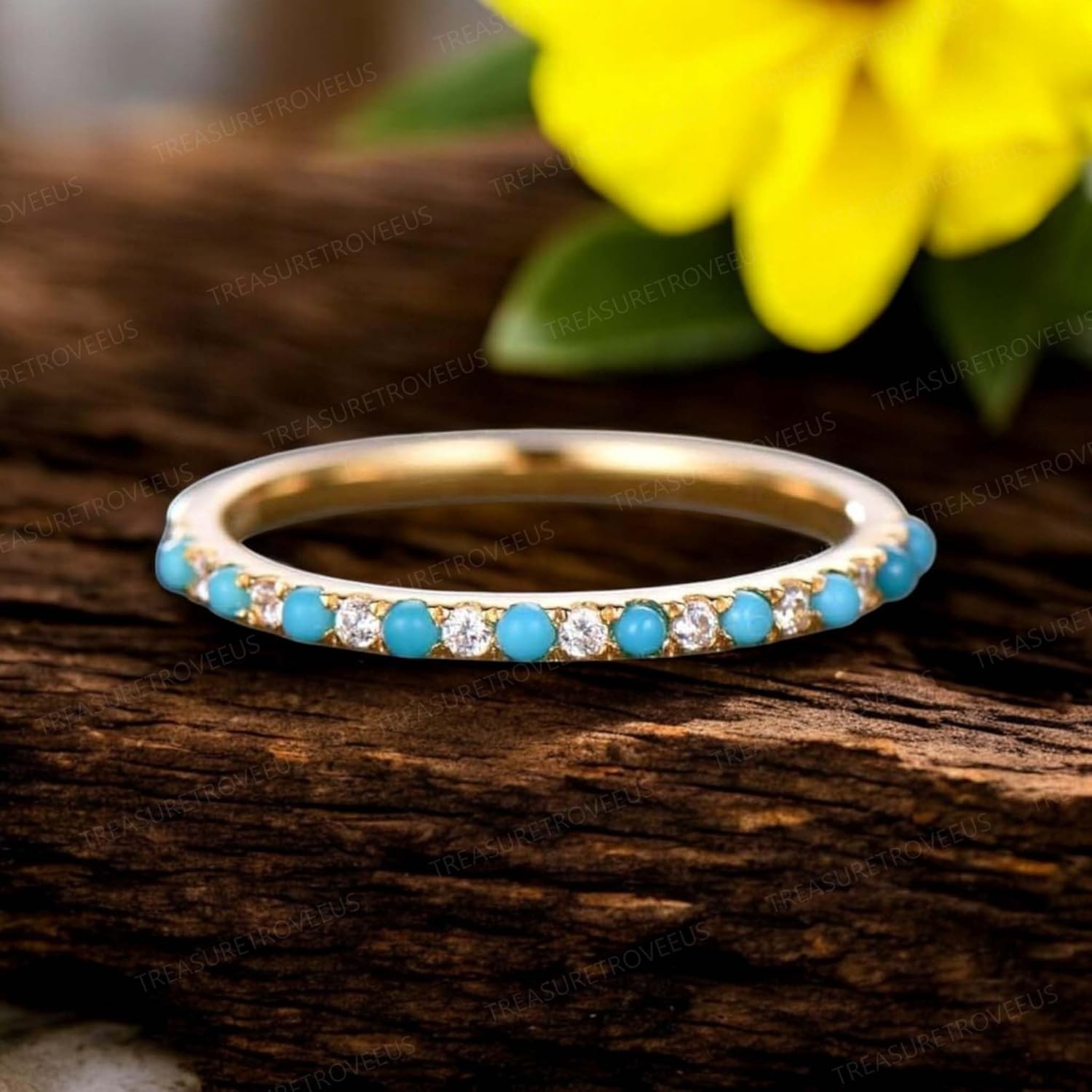 Turquoise Eternity Band for Women Gold Plated Dainty Stackable Ring Half Eternity Turquoise and Diamond Band Christmas Gift New Year Anniversary Wedding Jewelry