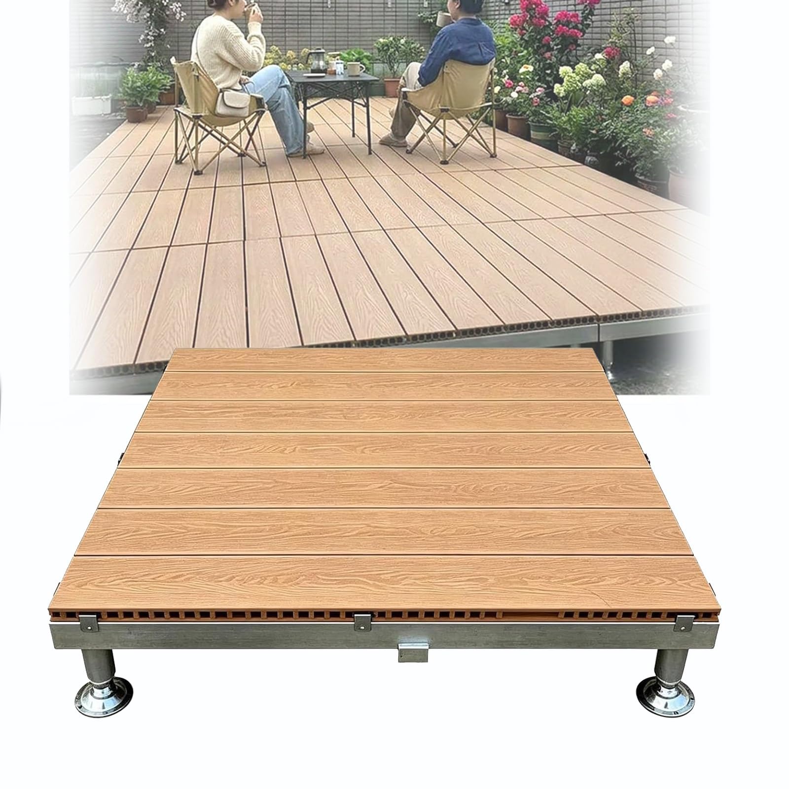 Pavimento Terrazzo Piattaforma Decking WPC Modulare Con Piedini Regolabili | 84x84cm Piastrelle Rialzato Da Giardino Esterno Con Telaio Metallico,Impermeabile, Per Campeggio, Palco(Light brown)
