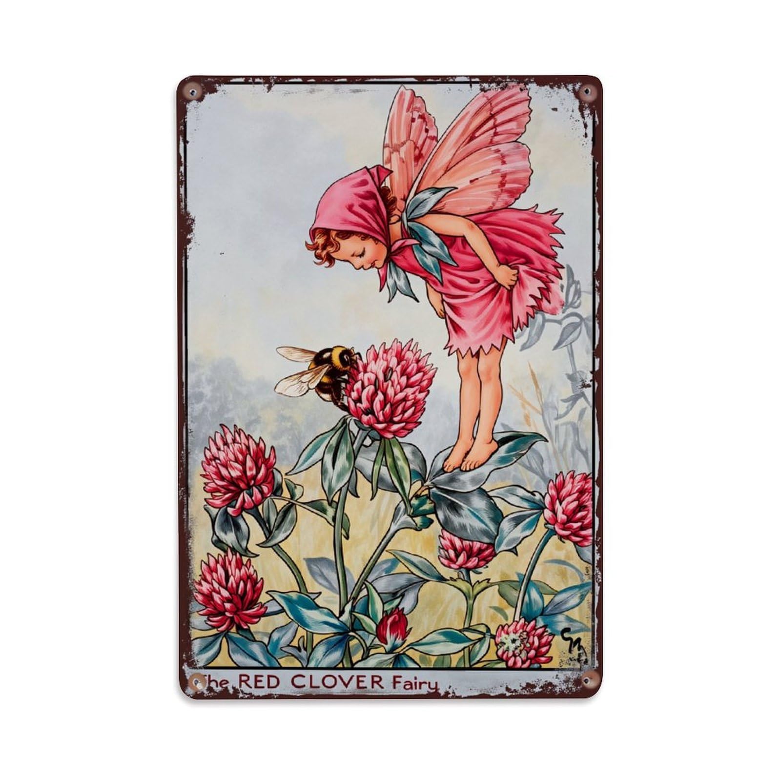 Enderetf Vintage Fairy With Red Clover And Bee Tin Sign Metal Poster, Home Bar Garage Man Cave Cafe Indoor & Outdoor Wall Decoration 8X12inches