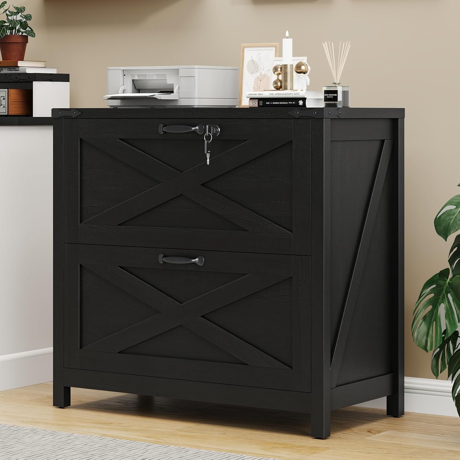 Lateral File Cabinet with 2 Large Drawers, Farmhouse File Cabinet with Lock for Letter/Legal/A4 Size Hanging Files, Wood File Storage Cabinets Printer Stand for Home Office Cabinets, Rustic Black