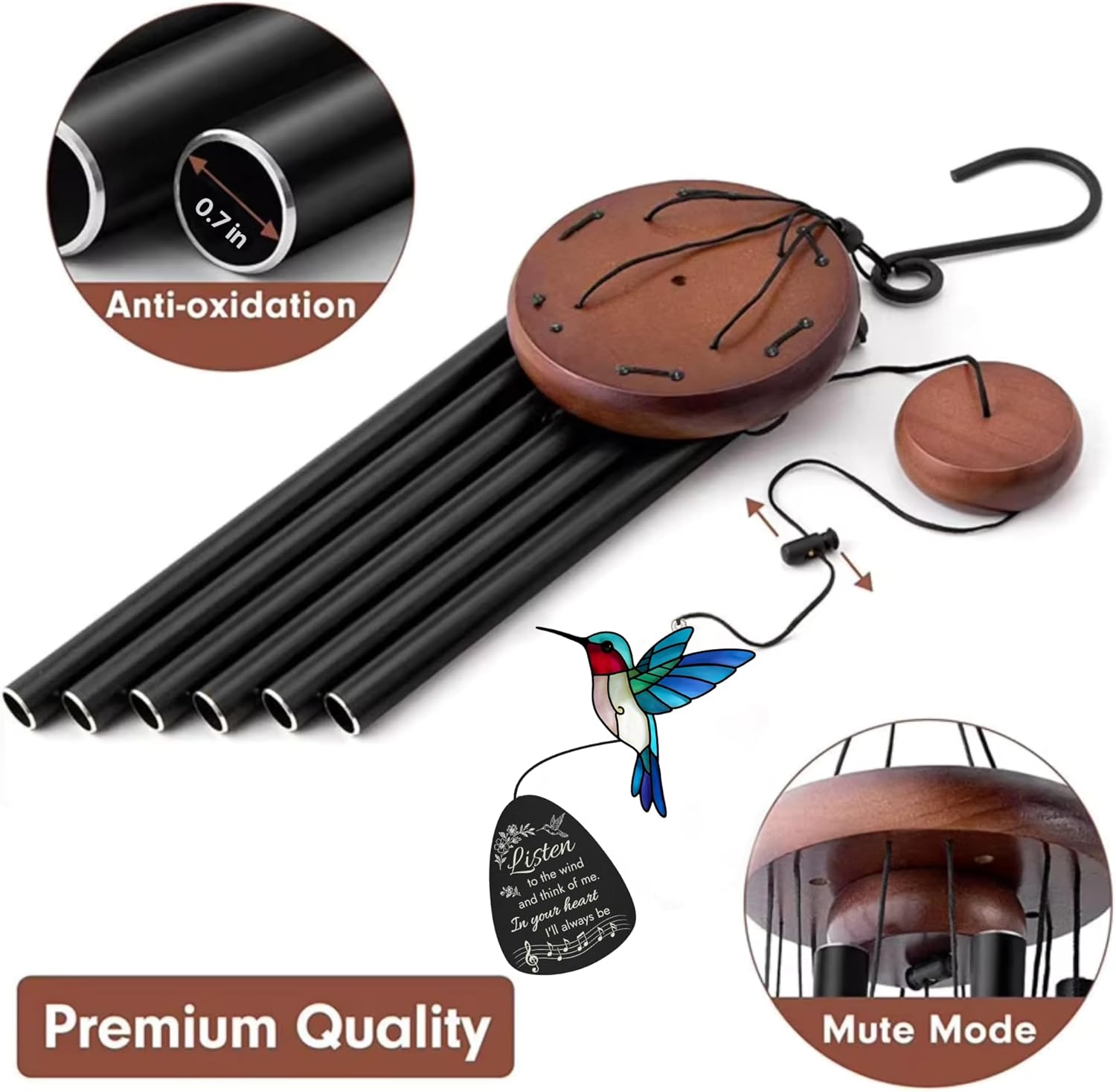 Sympathy Wind Chimes for Loss of Loved One, Memorial Gifts for Loss of Mother/Dad/Husband - Hummingbird Wind Chimes for Outside with Mute Option, in Memory of Loved One Gifts, Bereavement Wind Chimes