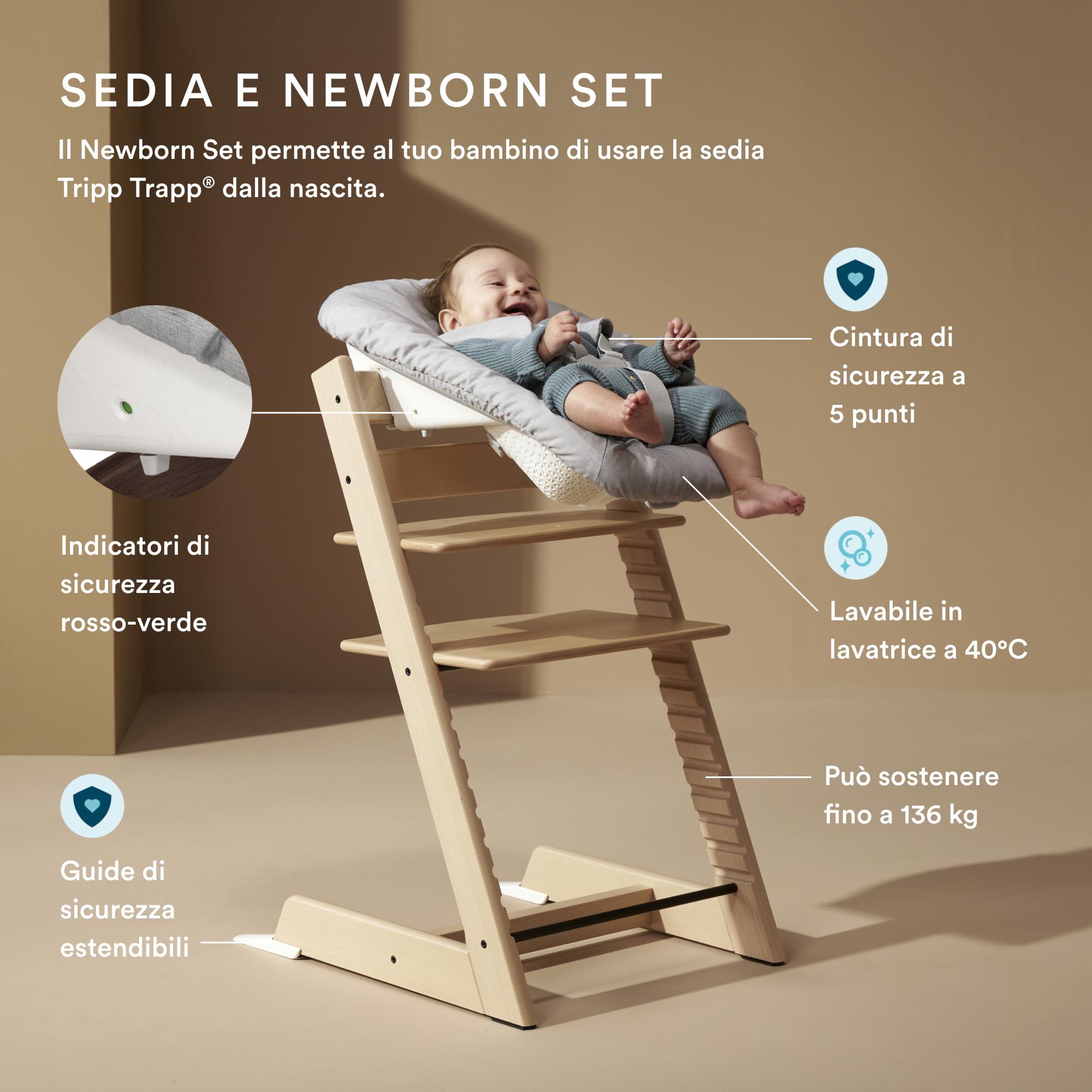 Seggiolone Tripp Trapp di Stokke, White (Include Sedia + Baby Set 2) con Newborn Set - Design Sicuro, Regolabile, Ergonomico