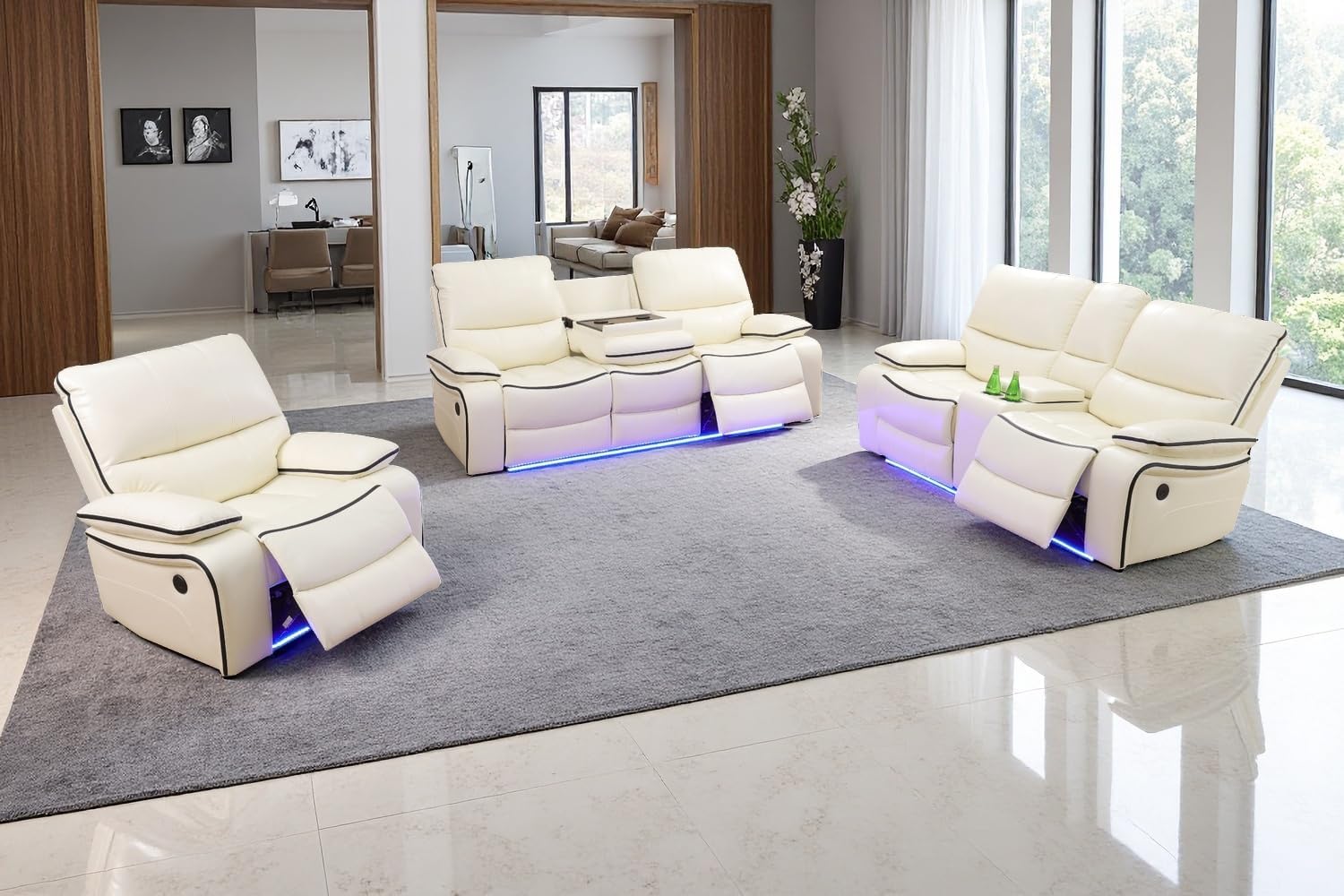 A Ainehome Leather Power Recliner Sofa Set with LED Light, Reclining Living Room Furniture Sets, Power Reclining Sofa Couch Set with USB Port/Cup Holder/Storage for Living Room