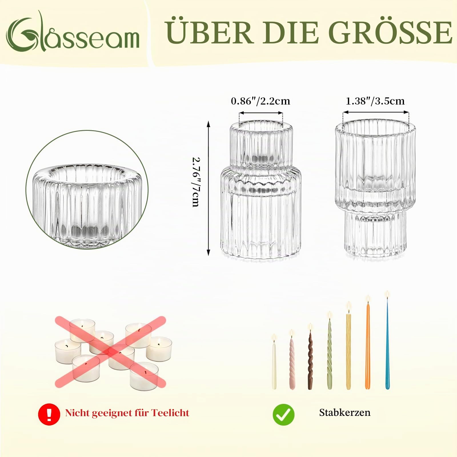 Glasseam Gerippt Kerzenhalter Stabkerze: 20 Stück Klar Stabkerzenhalter | Beschwerter Breiter Boden, Klein Kerzenständer Glas, Für Esstisch, Haus, Wohnzimmer Dekoration