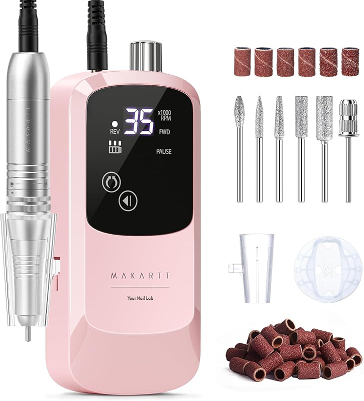 Rechargeable Nail Drill for Beginners: 35000RPM E-File Kit, Pink | Stepless Control, Quiet, 8H Battery, Bits Storage Stand, LED Display, Cordless Design, Gel Removal, Nail Care, Home DIY Use