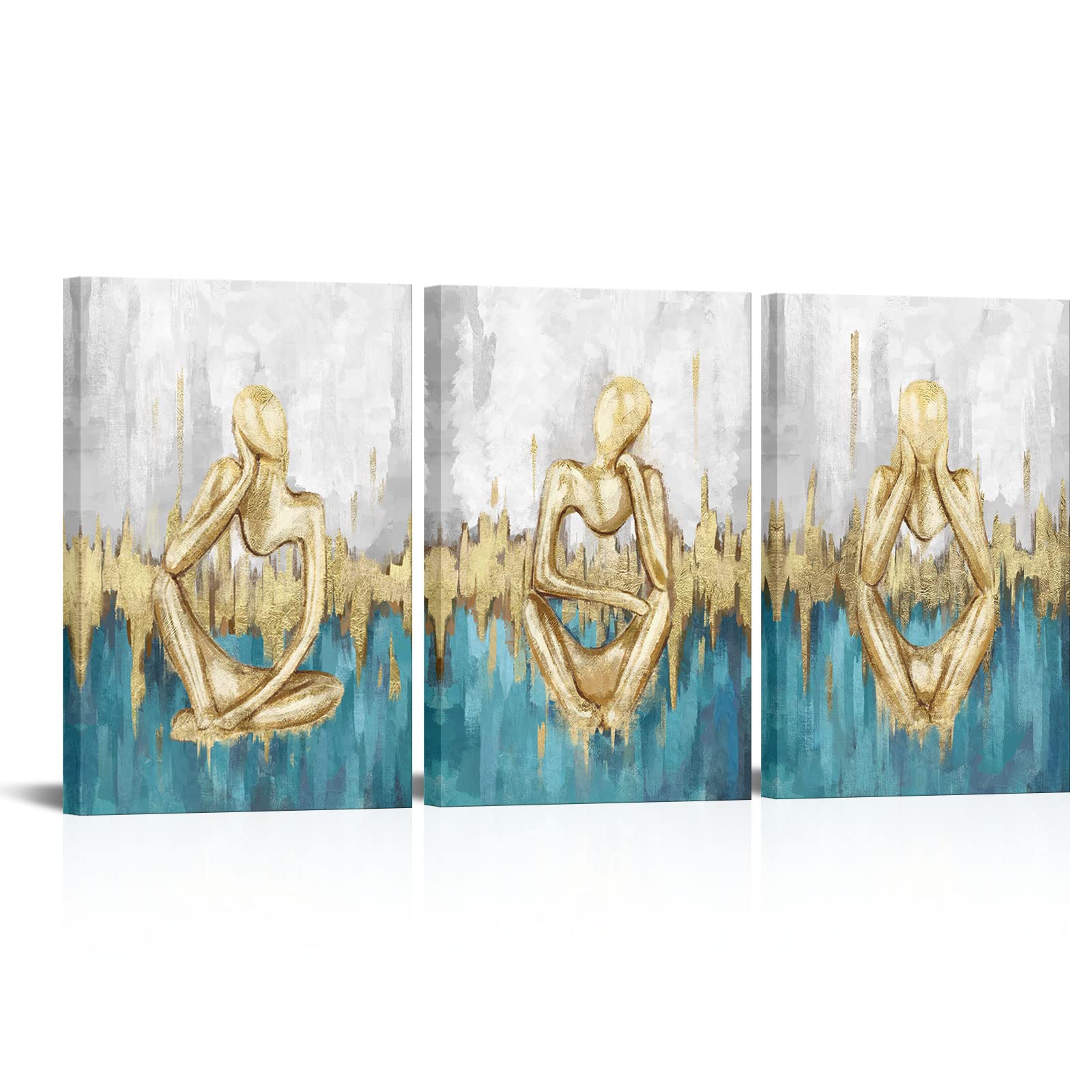Welmeco Teal Grey Gold Thinker Statue Picture Abstract Foil Textured Prints Canvas Wall Art Gallery Wrapped Artwork for Home Bedroom Living Room Office Hall Reading Room Dorm Wall Decoration (16x24x3)