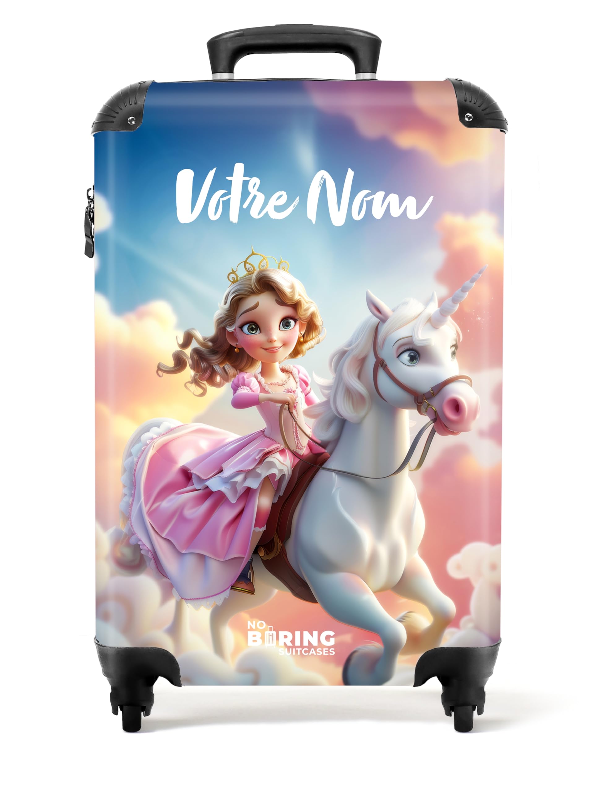 NoBoringSuitcases.com Valise Enfant Cabine Personnalisable, Bagages Fille, Roulette 55x35x25cm (Princesse, Licorne - Rose-Blanc)