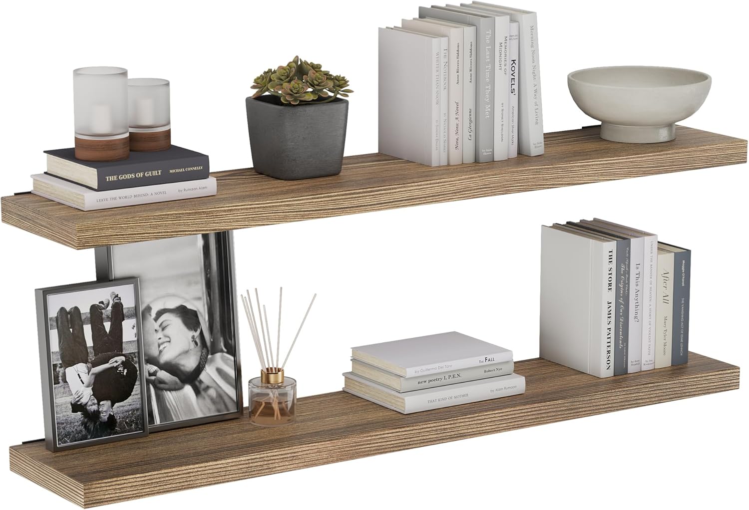 Wallniture Palm 48" Long Floating Wall Shelves, Book Shelf for Wall, Rustic Shelves for Bedroom, Office, Living Room and Kitchen Decor, Burnt Finish, Real Wood, Set of 2