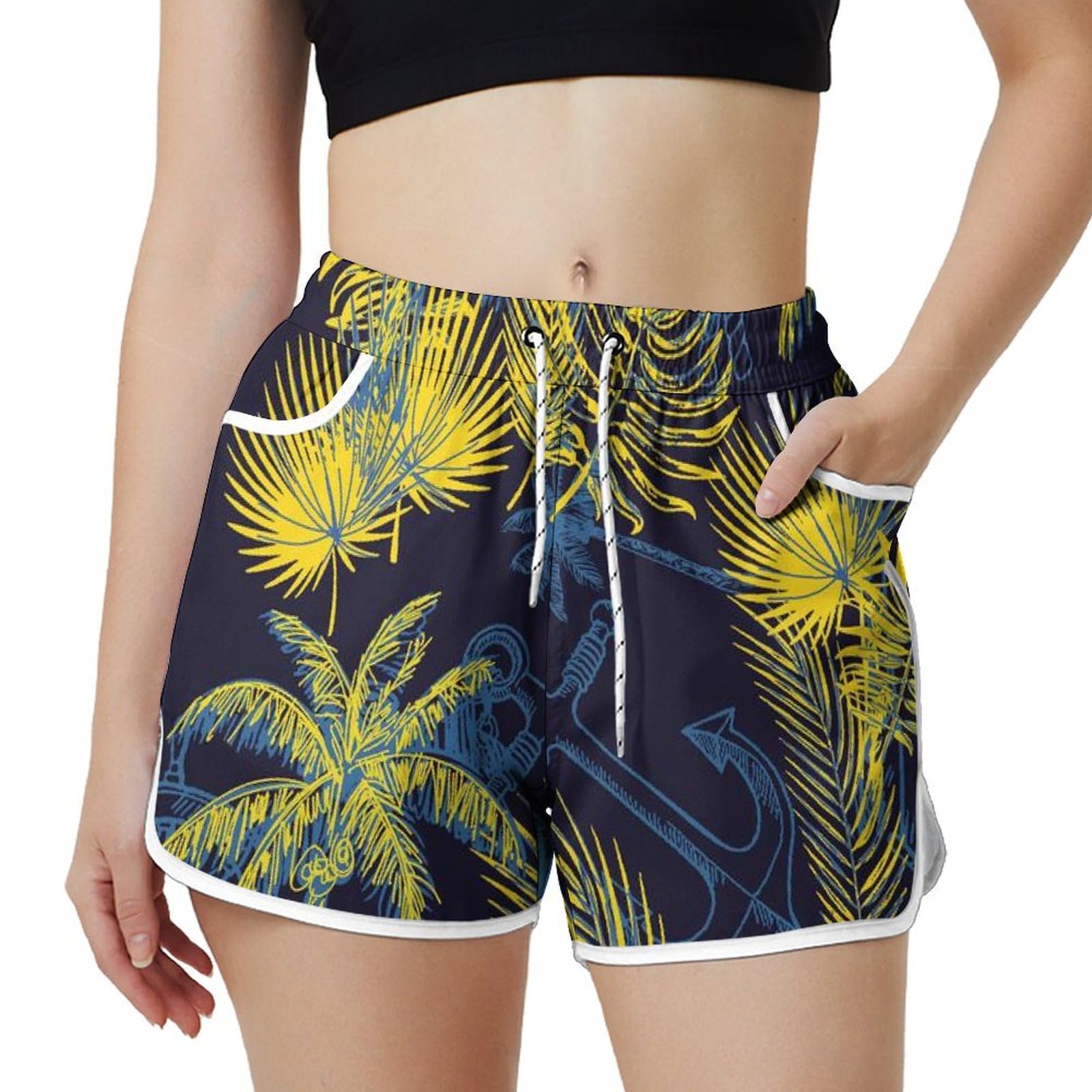 AYUNIX Women's Running Shorts with Pockets Quick Dry Performance Shorts for Women Hawaii Tree Leaf Athletic Workout Shorts White, Small