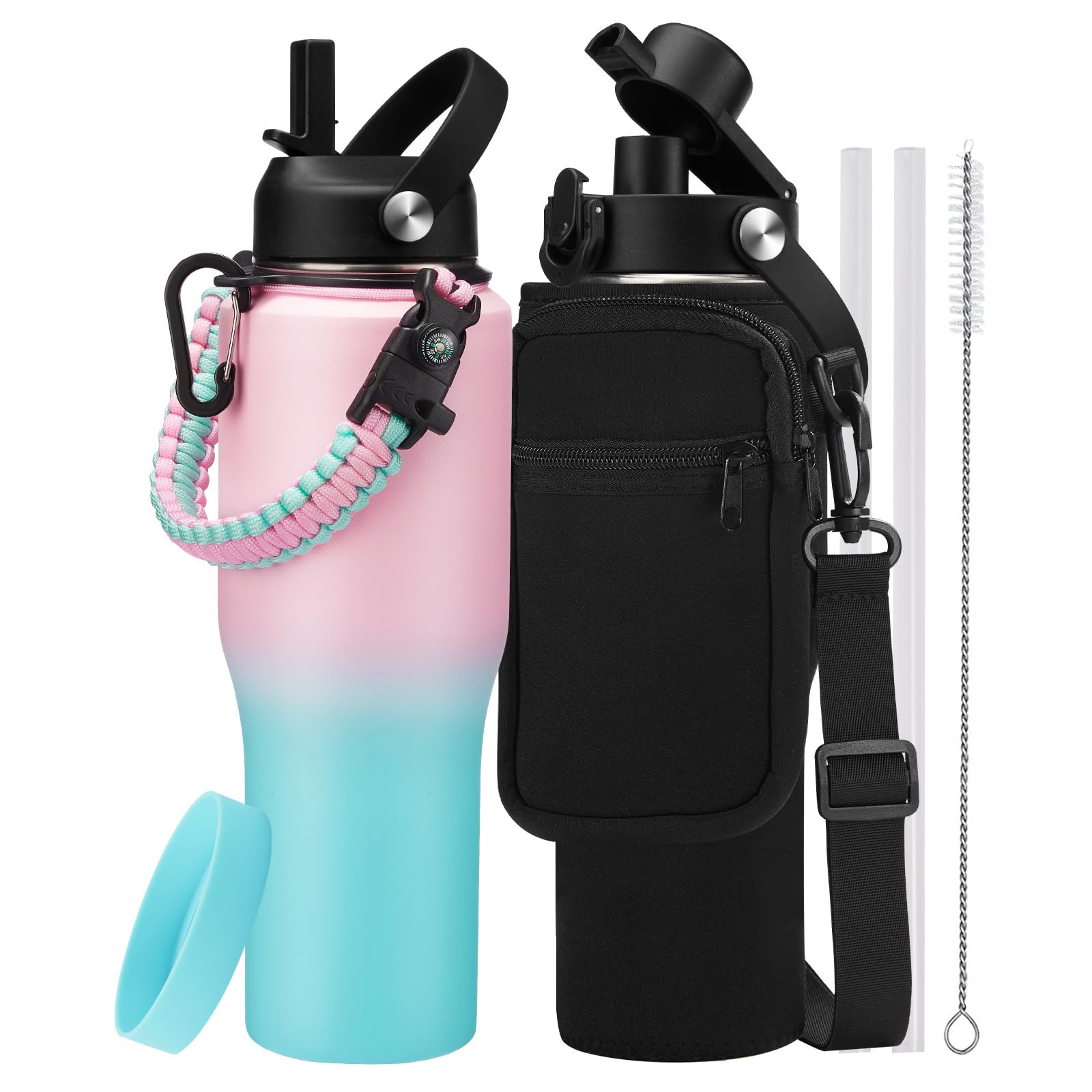 RRYFOUR 32oz Insulated Water Bottle with Straw Lid and Carrier Bag
