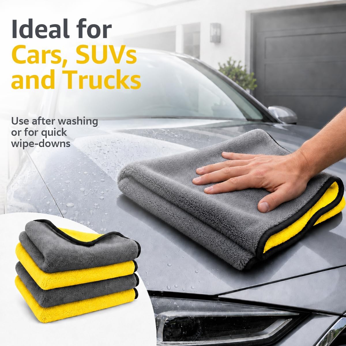 4 PCS Microfiber Towels for Cars, 16" X 16" 800GSM Drying & Detailing Cloths Auto Cleaning Towels, Ultra Absorbent Dusting Cloth Wash Rags for Vehicle Interior & Exterior (Gray & Yellow)