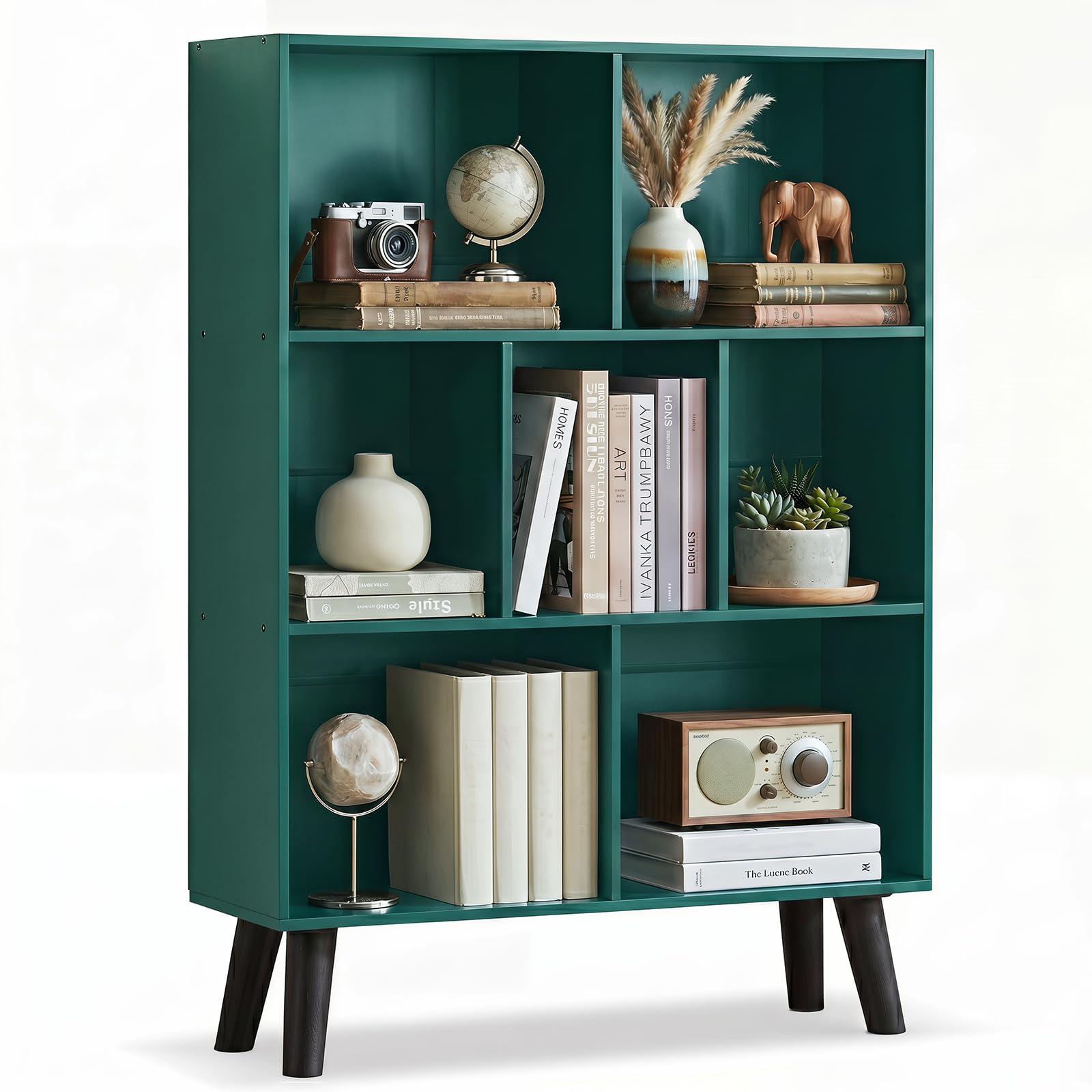 YAHARBO Dark Green Bookshelf,3 Tier Book Shelf with Legs, 7 Cube Minimalist Bookcase,Storage Organizer Shelves Display Bookcases for Bedroom,Living Room