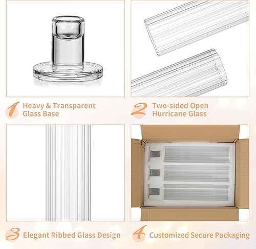 Miniatura 5 de NUPTIO Juego de portavelas estriado portavelas de huracán a granel con funda cilíndrica de vidrio acanalado, juego de 10 soportes para velas cónicas