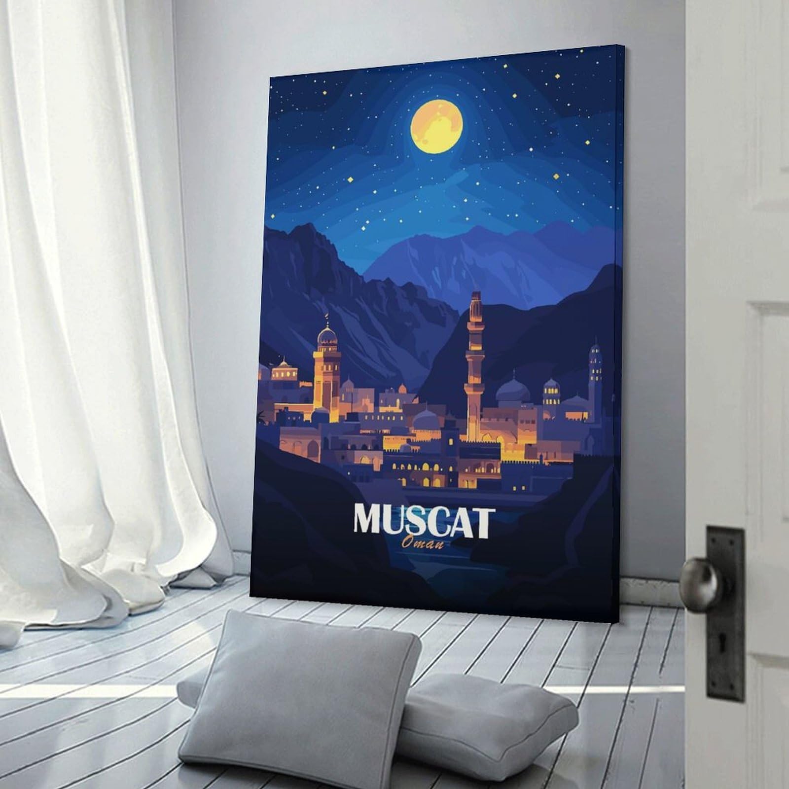 Junmoney Muscat, Oman Nightscape Illustration Canvas Wall Art 08x12inch(20x30cm), for Wall Displays, Bedrooms Or Room Updates, Ideal for Building A Coordinated Art Wall