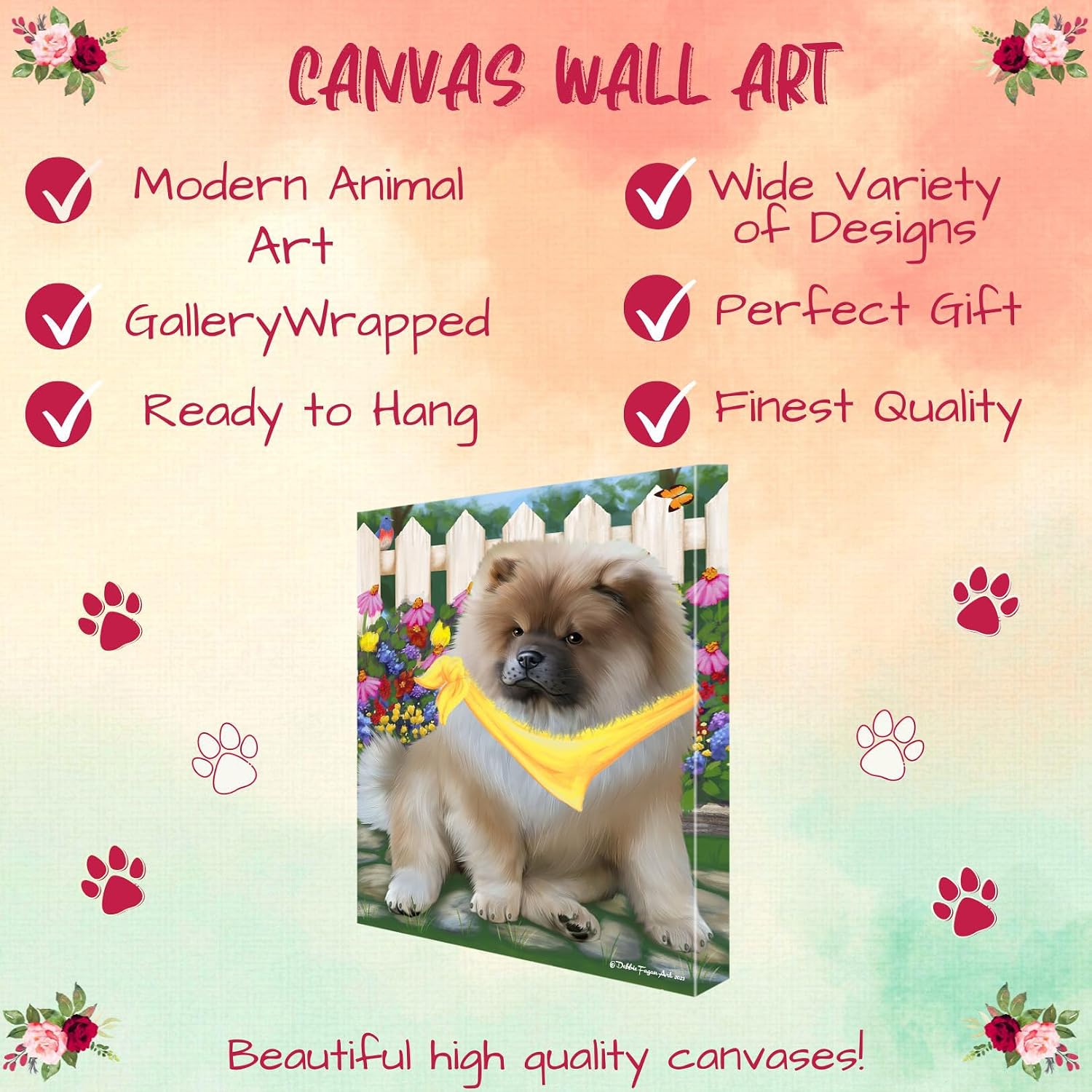 Spring Floral with Chow Chow Dog Canvas Wall Art - Premium Quality Ready to Hang Room Decor - Black Floating Framed 16" x 24"