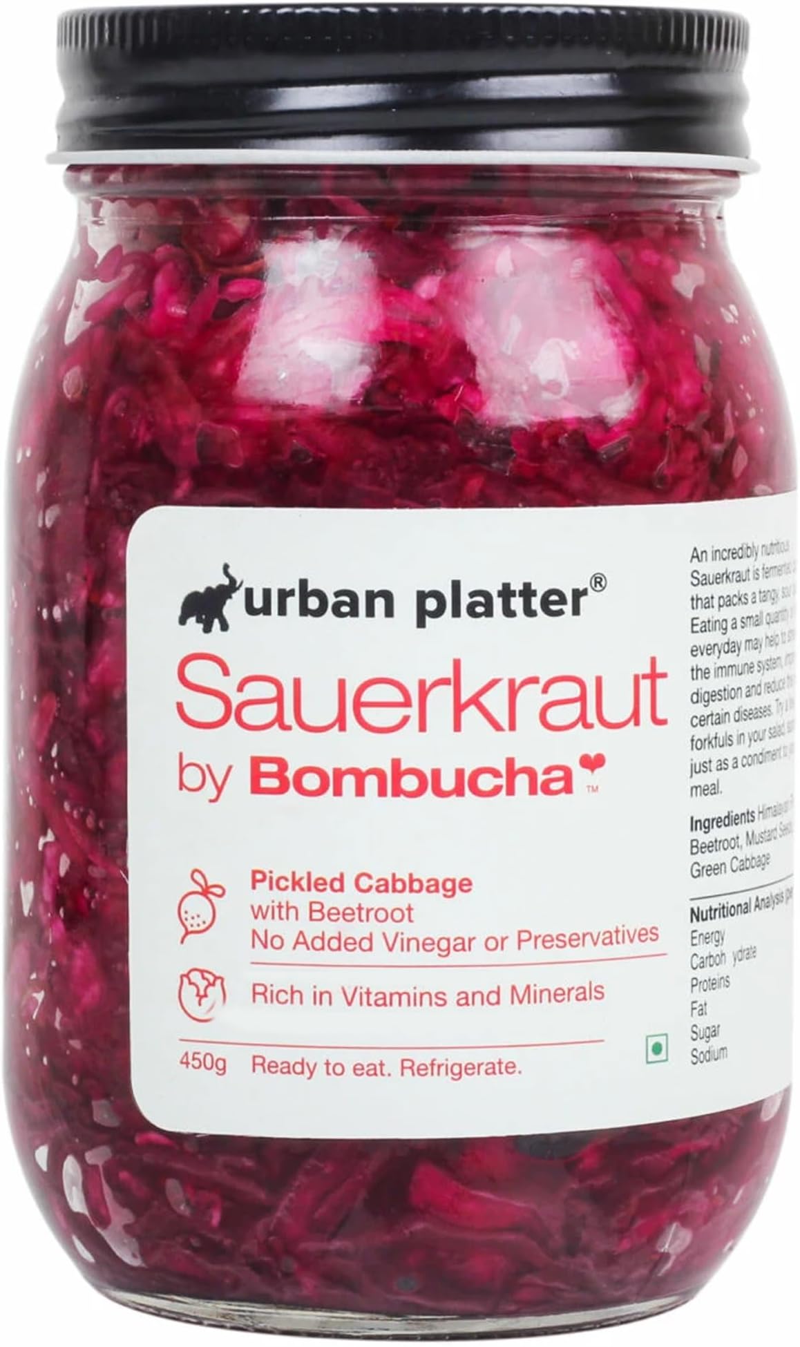 Urban Platter Sauerkraut Original Pickled Probiotic Cabbage with Beetroot, 450g / 15.8oz [Raw, Artisanal, Plant-Based, Preservative Free]