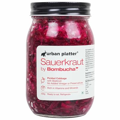 Urban Platter Sauerkraut Original Pickled Probiotic Cabbage with Beetroot, 450g / 15.8oz [Raw, Artisanal, Plant-Based, P