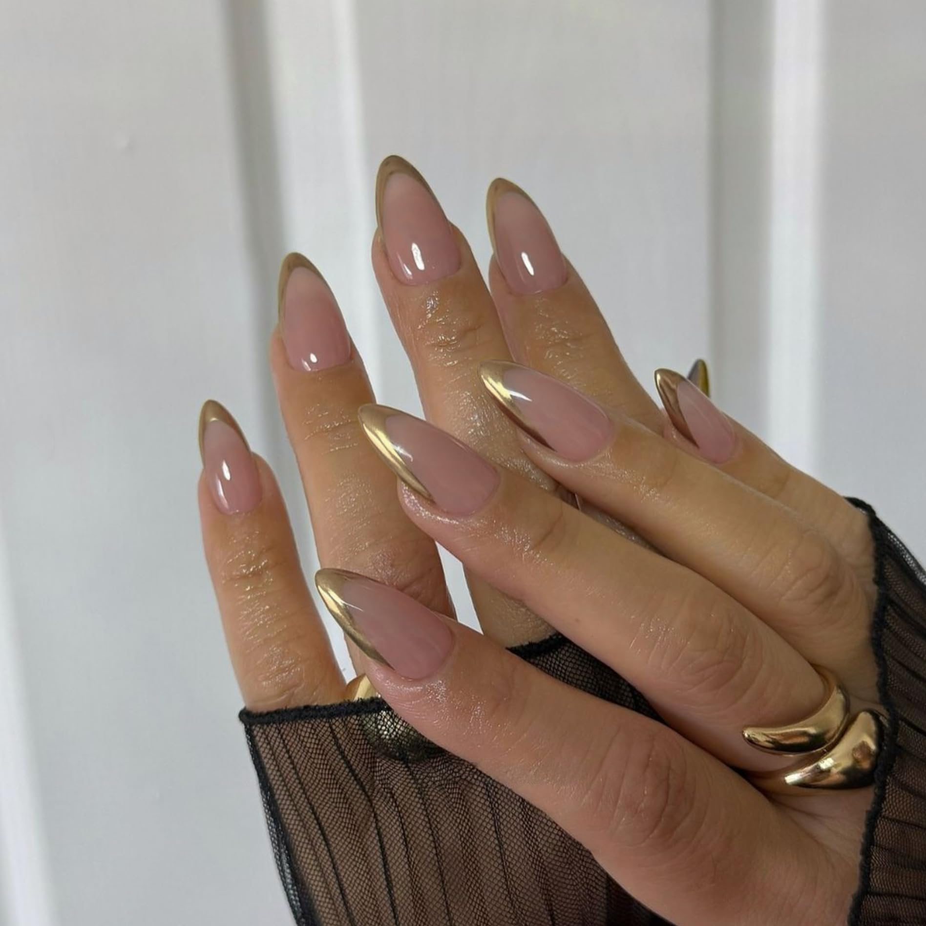 SXVME Chrome Gold French Tip False Nails Short Almond, Natural Nude Press on Nails with French Tips Glitter Designs - Image 3