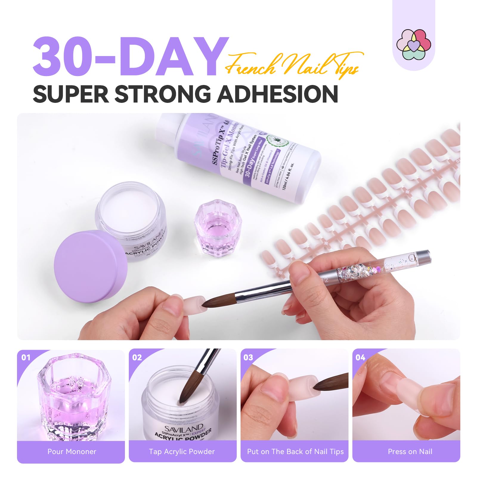 SAVILAND Französisch Spitze Acryl Nägel Kit: In-Minute Long Wear & Easy French Acrylic Press-ons & Thick Short Square White Tip 150PCS Pro Acrylic Nail Kit Powder Monomer Liquid (Rechteck)