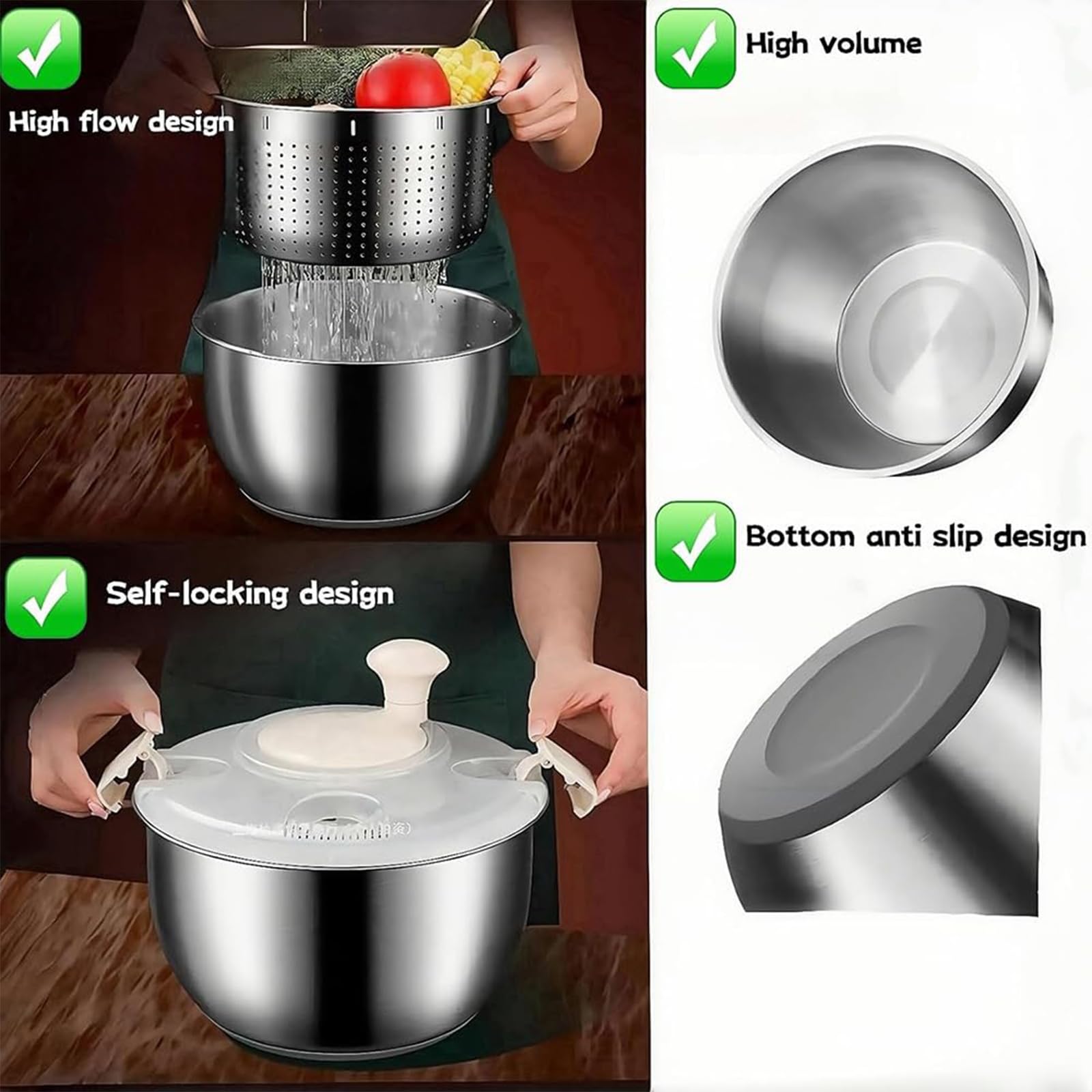 Essoreuse à salade en acier inoxydable avec couvercle ergonomique et base antidérapante pour un séchage efficace des légumes verts et des baies