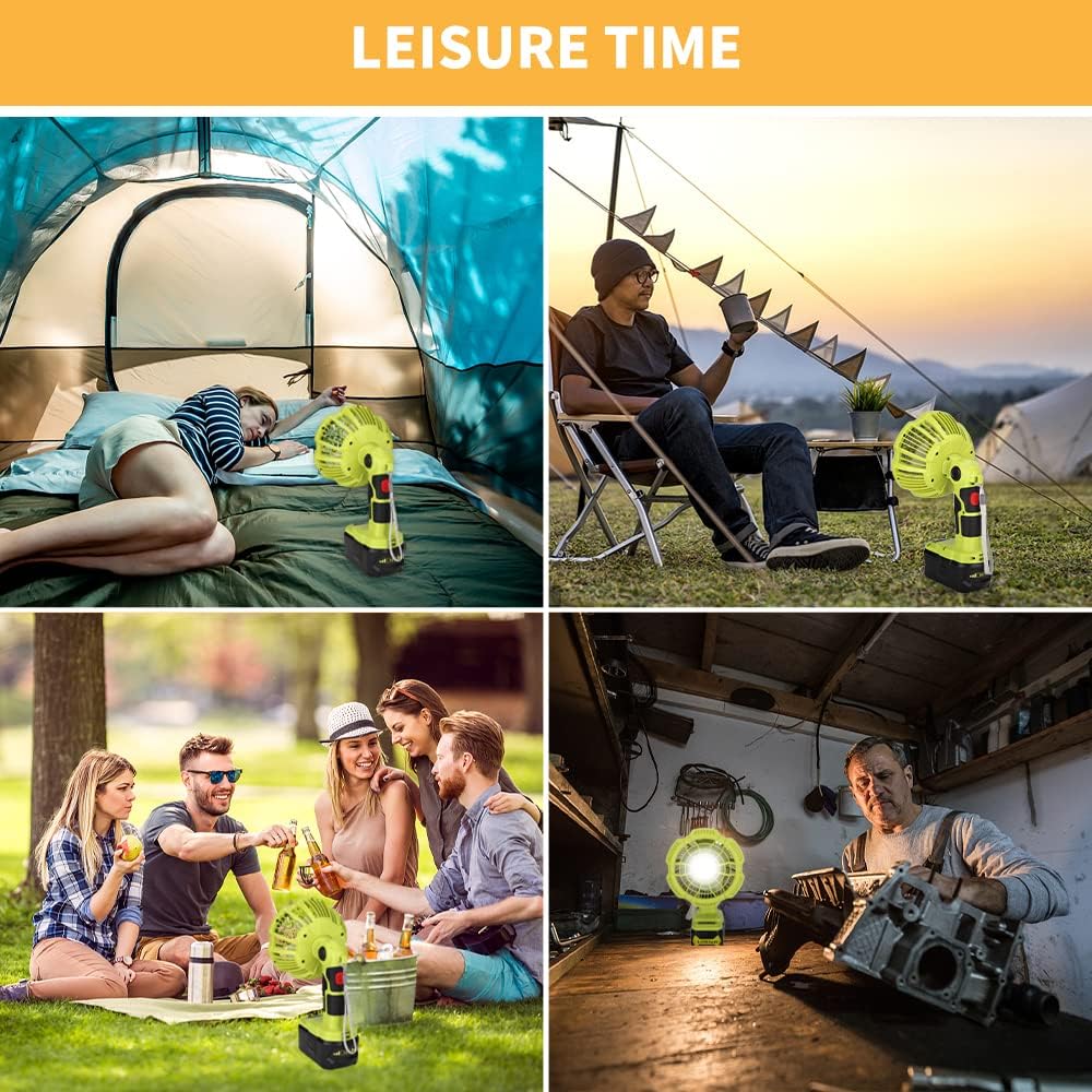 Choerinton Portable Fan Compatible with Ryobi 18v Battery, Cordless Fans Portable Battery Powered Fan with 300LM LED Light, for Home, Outdoor,Camping, Picnic and Job Site(Tool Only)