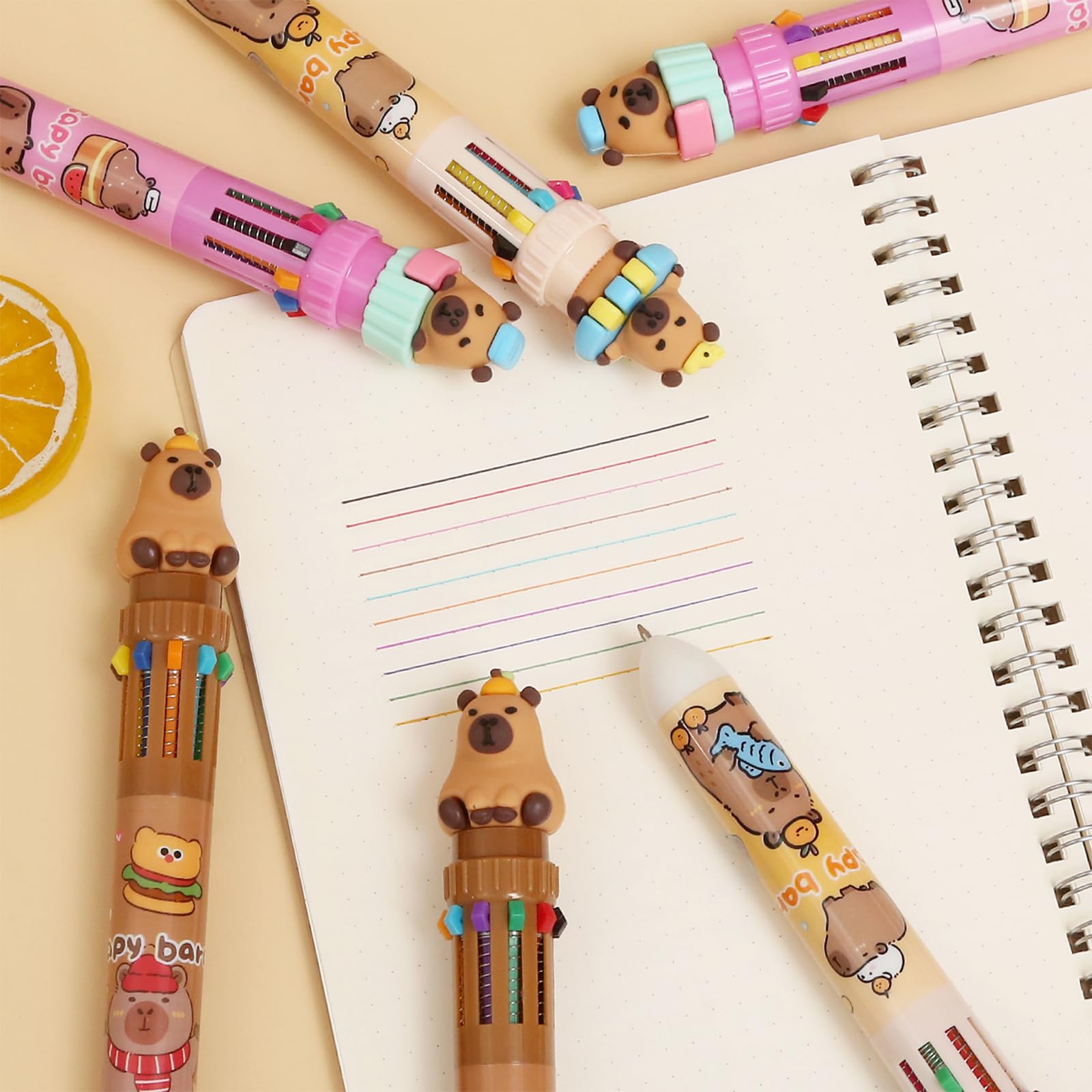 Lopenle 8-Pack Capybara Ballpoint Pens – 10-in-1 Multicolor Pens, 0.5mm Tip, Fun Animal Design For School & Office